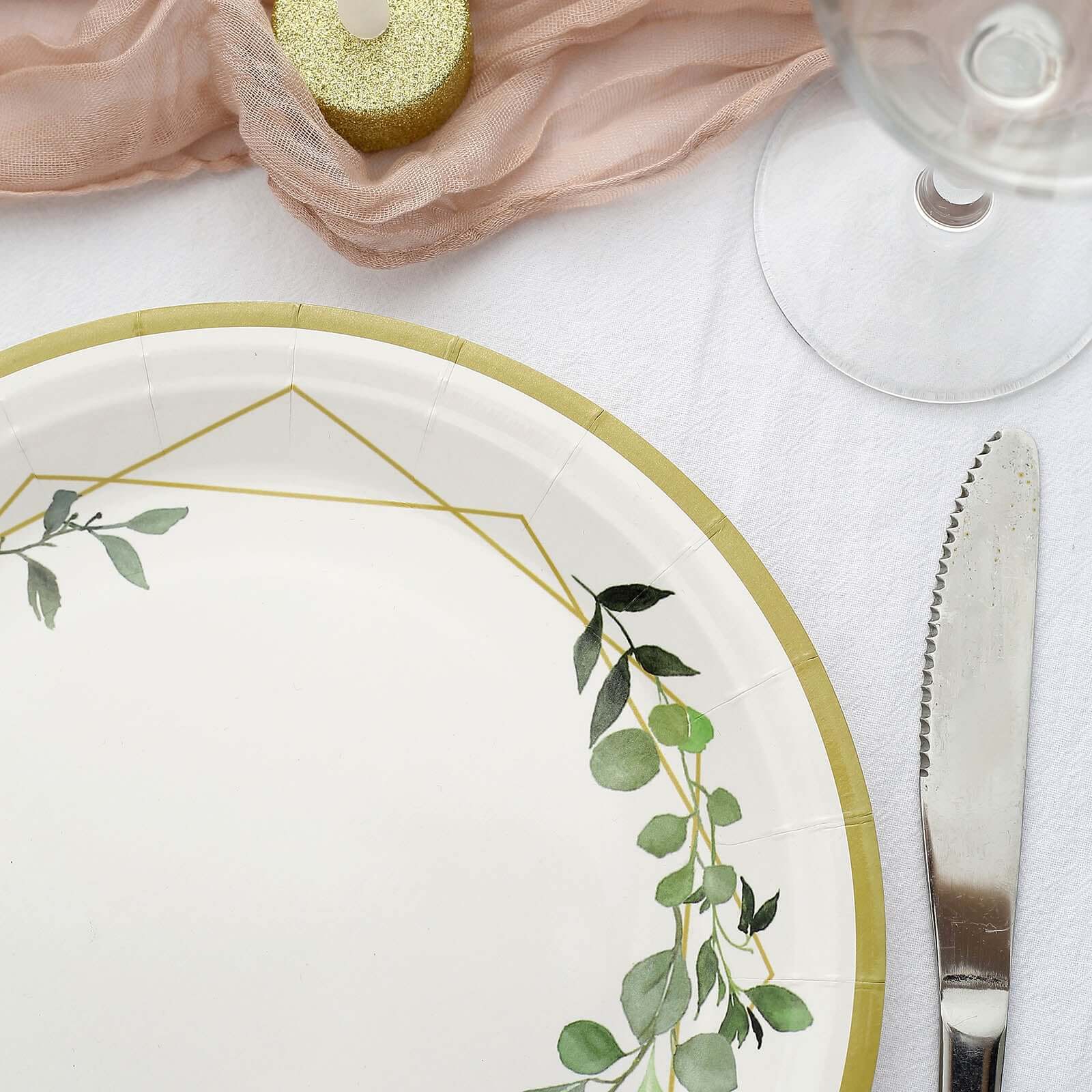 24-Pack Paper 9 Round Dinner Plates in White with Eucalyptus Leaves & Gold Rim - Disposable 300GSM Party Plates for Modern & Nature-Inspired Events