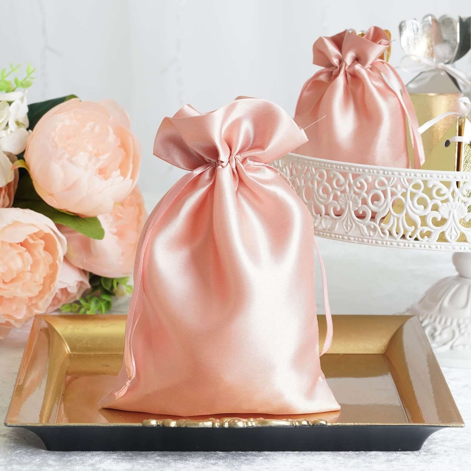 12 Pack 6x9 Dusty Rose Satin Wedding Party Favor Bags, Drawstring Pouch Gift Bags