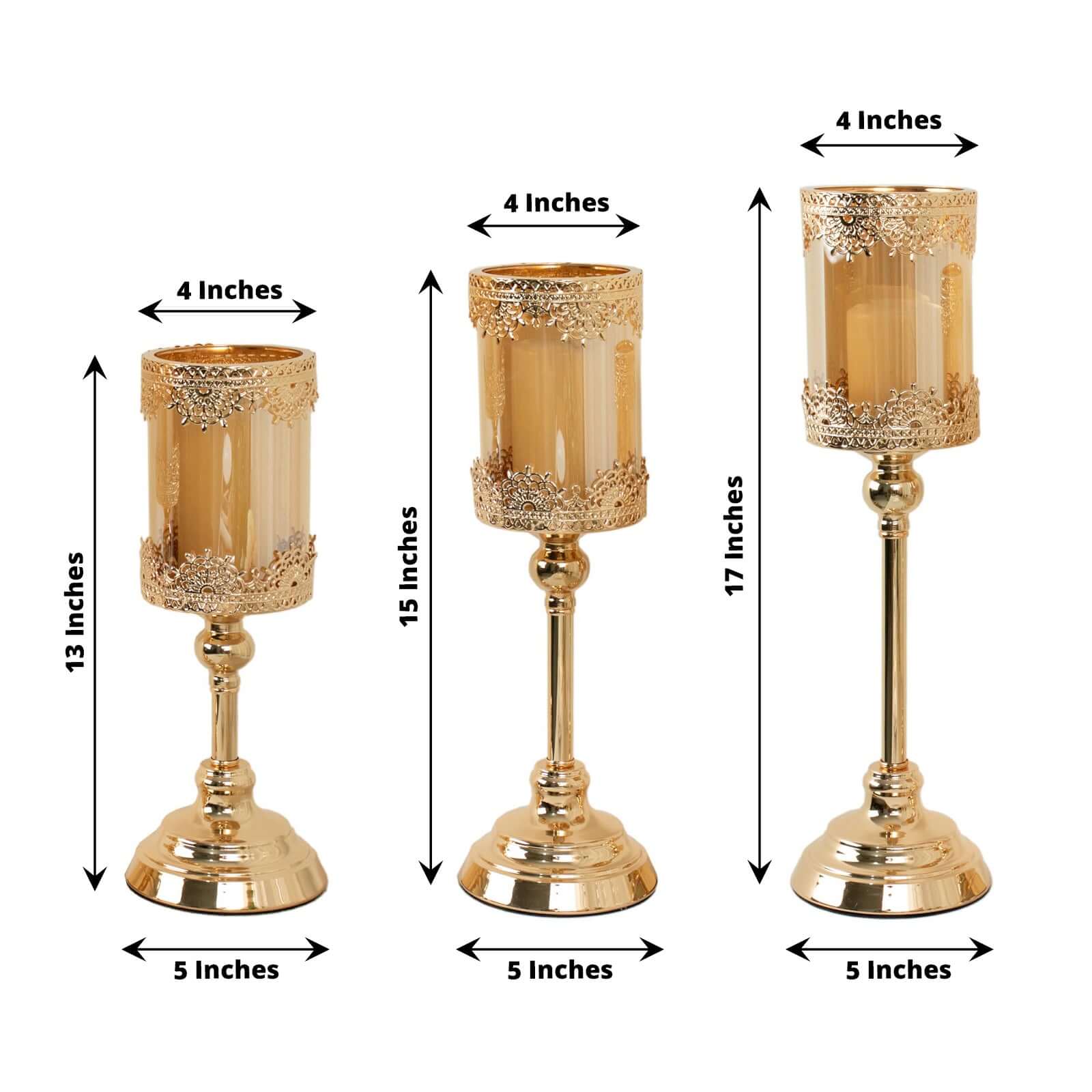 Set of 3 Lace Votive Candle Stands Antique Gold with Hurricane Glass Shades - Refined Pillar Candle Holders 13, 15, 17