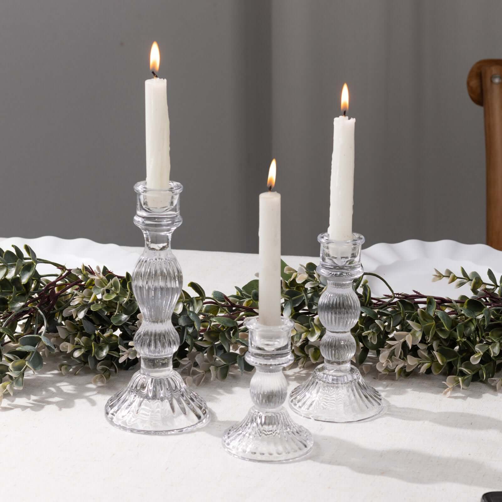 Set of 3 Glass Taper Candle Holders Fluted Design Clear - Ribbed Crystal Candlestick Stands 4, 6, 8