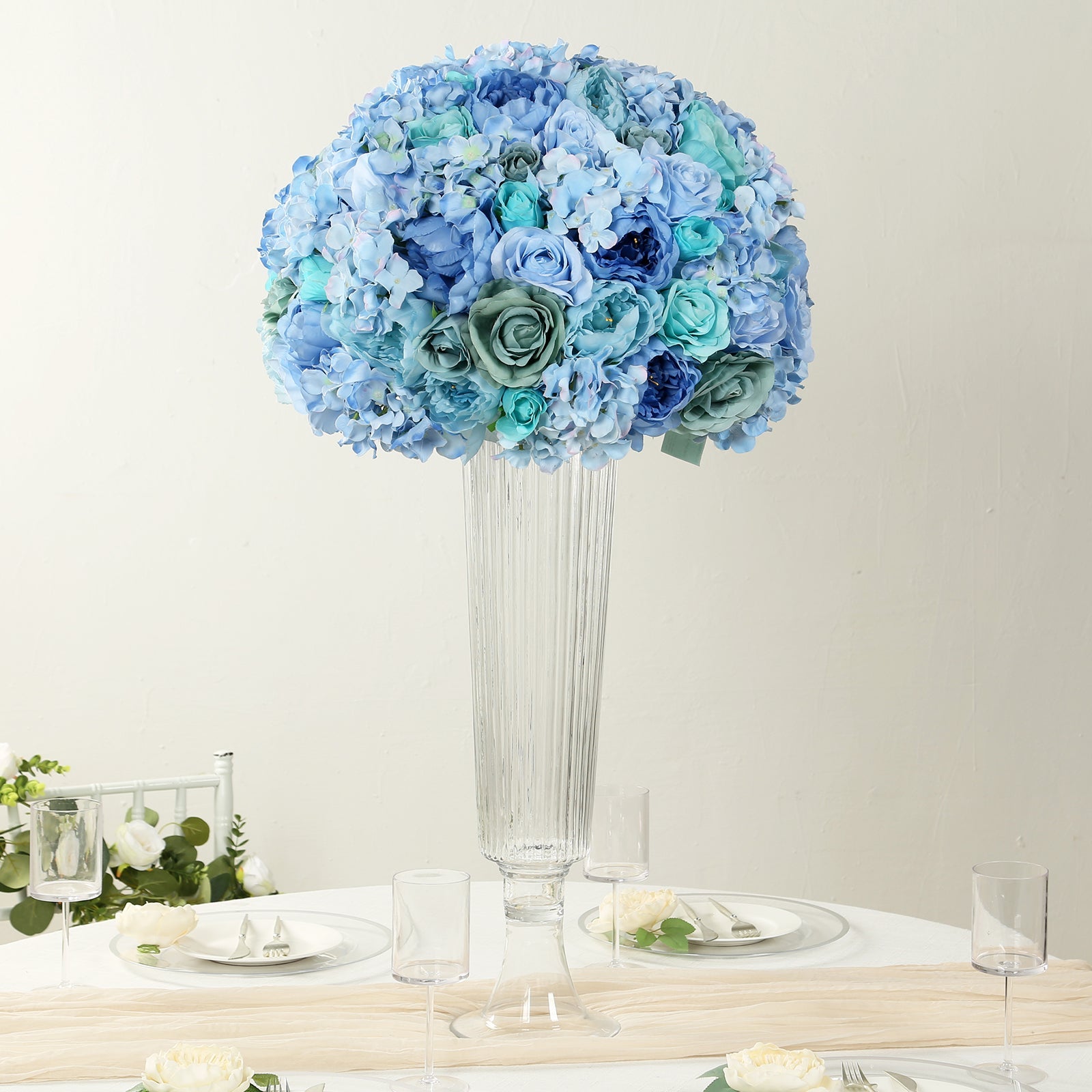 Pre-Arranged Silk Rose Bouquet Floral Arrangement Table Decor, Large Blue Artificial Rose Flower Balls Wedding Centerpieces - 20