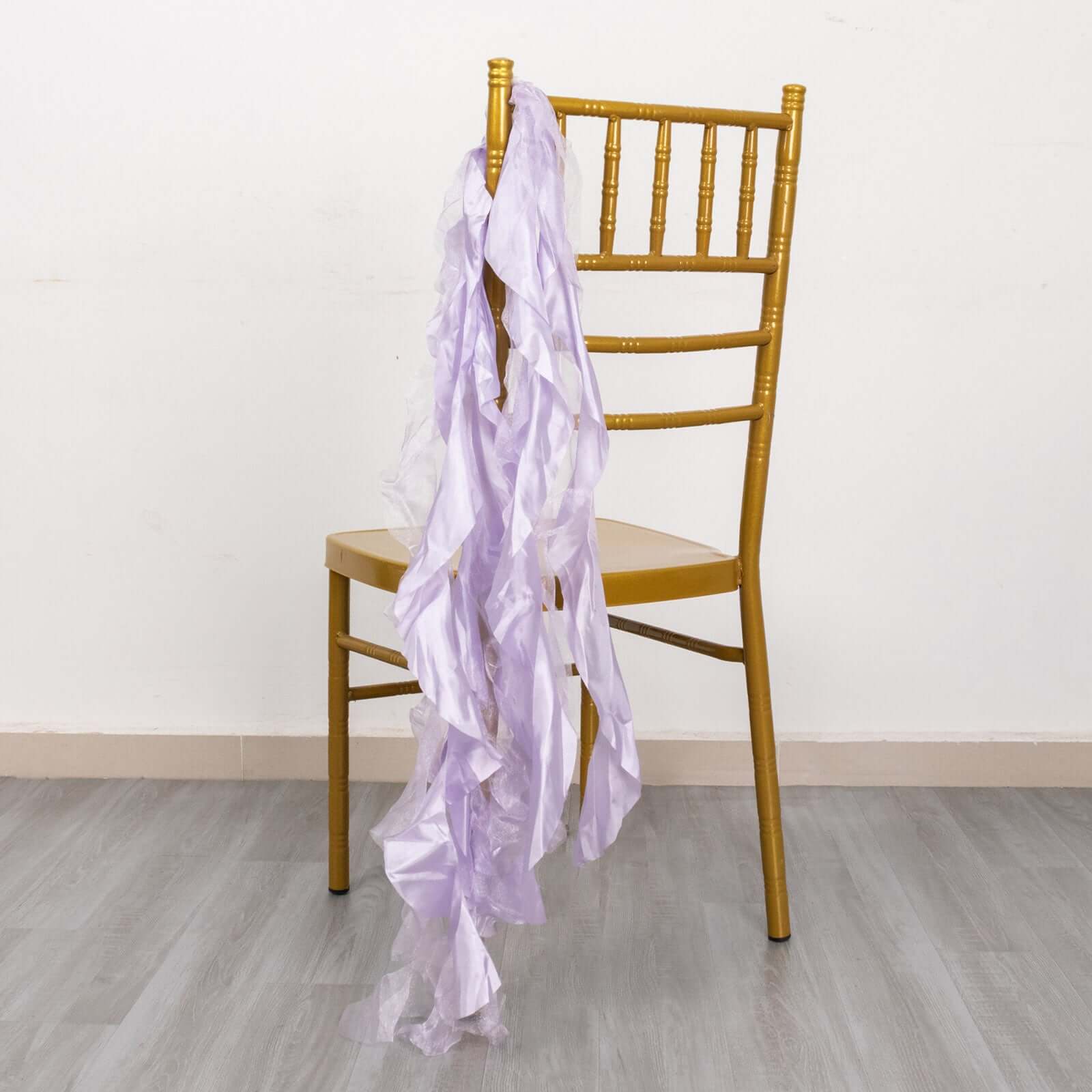 5 Pack Chiffon Satin Chair Sashes Lavender Lilac - Easy to Install Ruffled Curly Willow