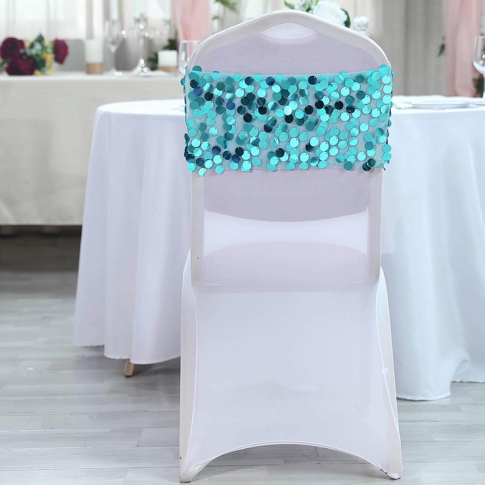 5 Pack Big Payette Sequin 13x10 Chair Sash Bands Turquoise - Stylish Glittering Decor for Weddings & Gatherings