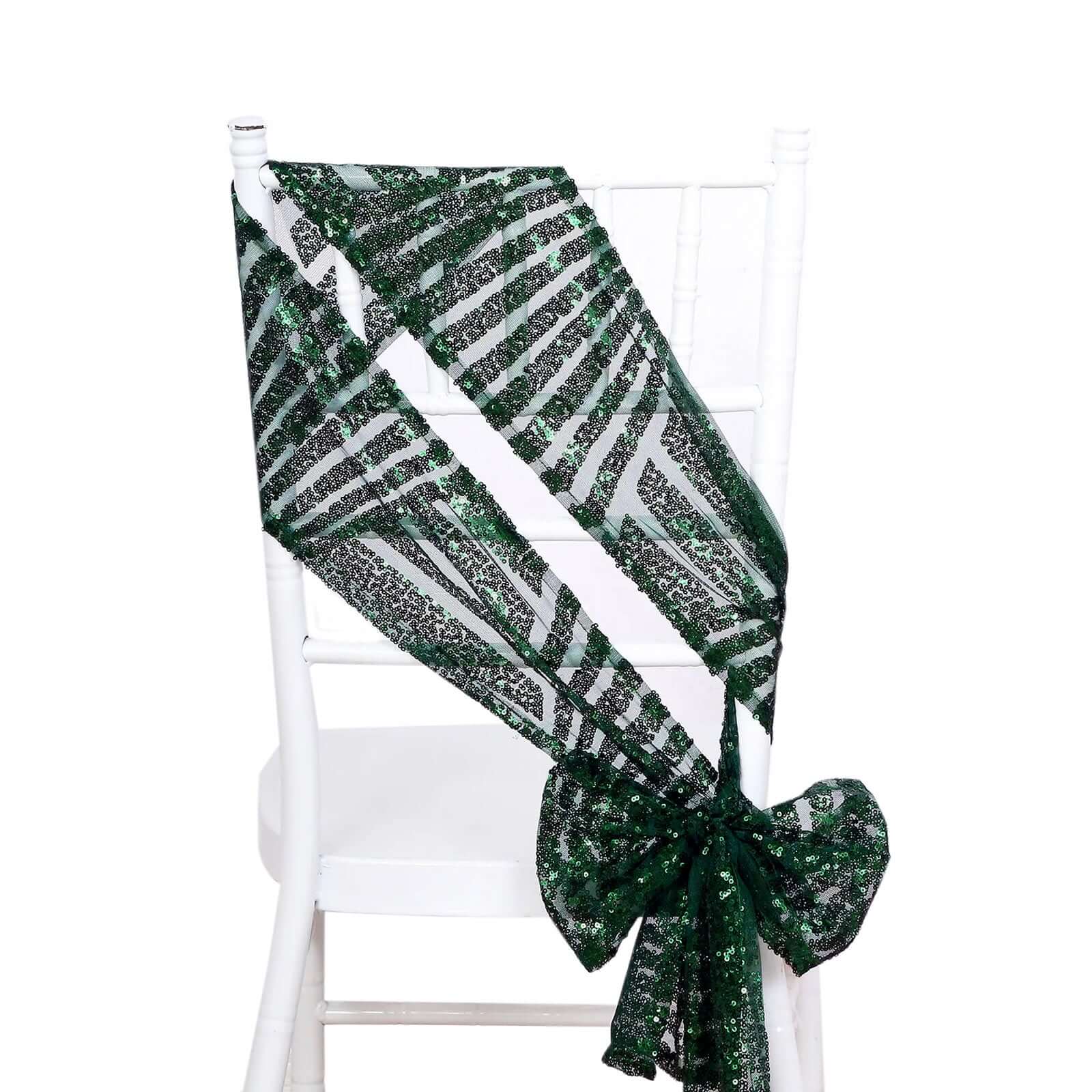 5 Pack Glitz Sequin Chair Sashes with Geometric Diamond Design 6x88 Hunter Emerald Green