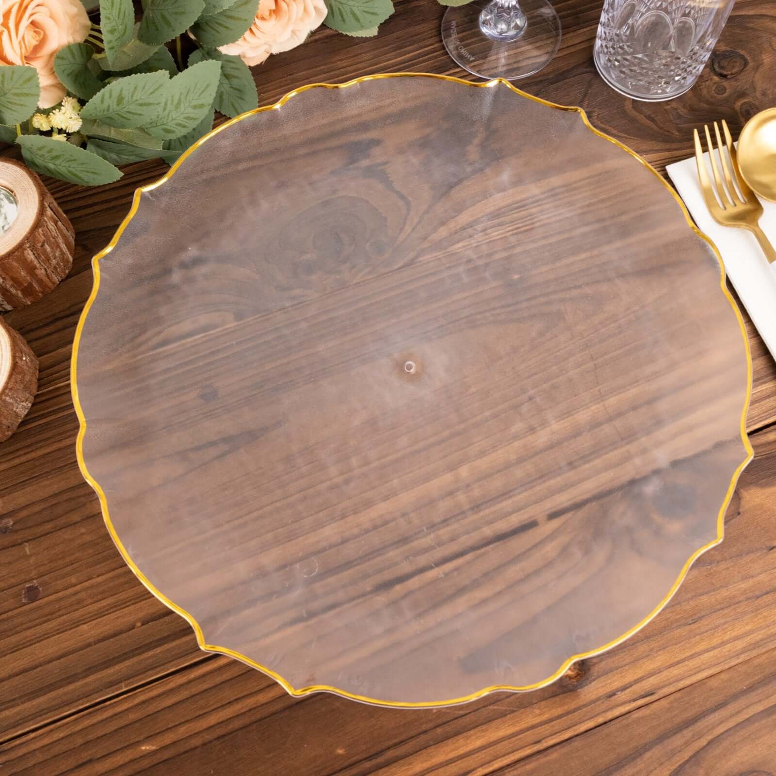 6-Pack Economy Plastic Round Charger Plates 13 in Clear with Gold Sunflower Scalloped Rim, Decorative Dinner Serving Plates