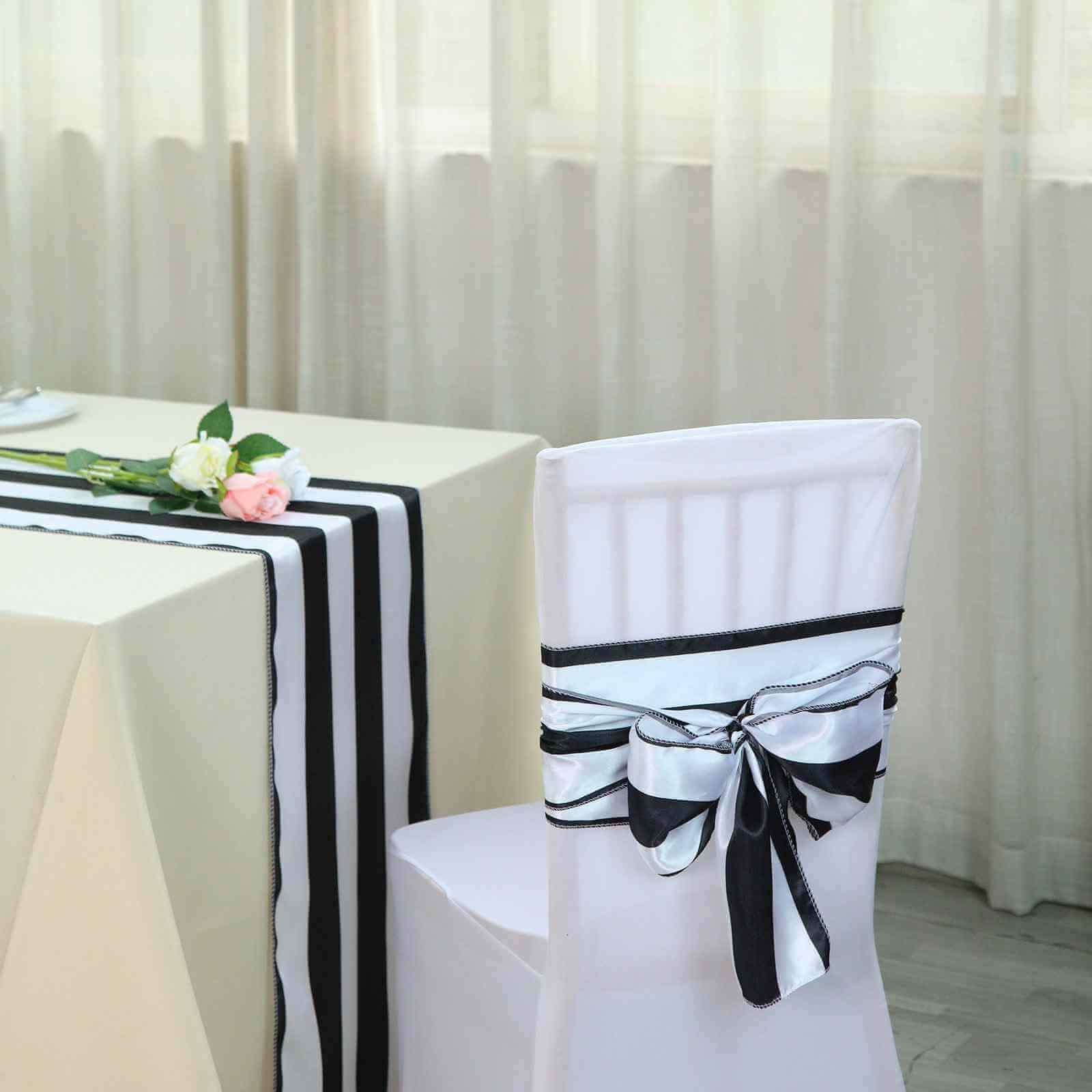 5 Pack Satin 6x108 Chair Sashes Black/White Stripes - Sophisticated Decor for Weddings & Gatherings