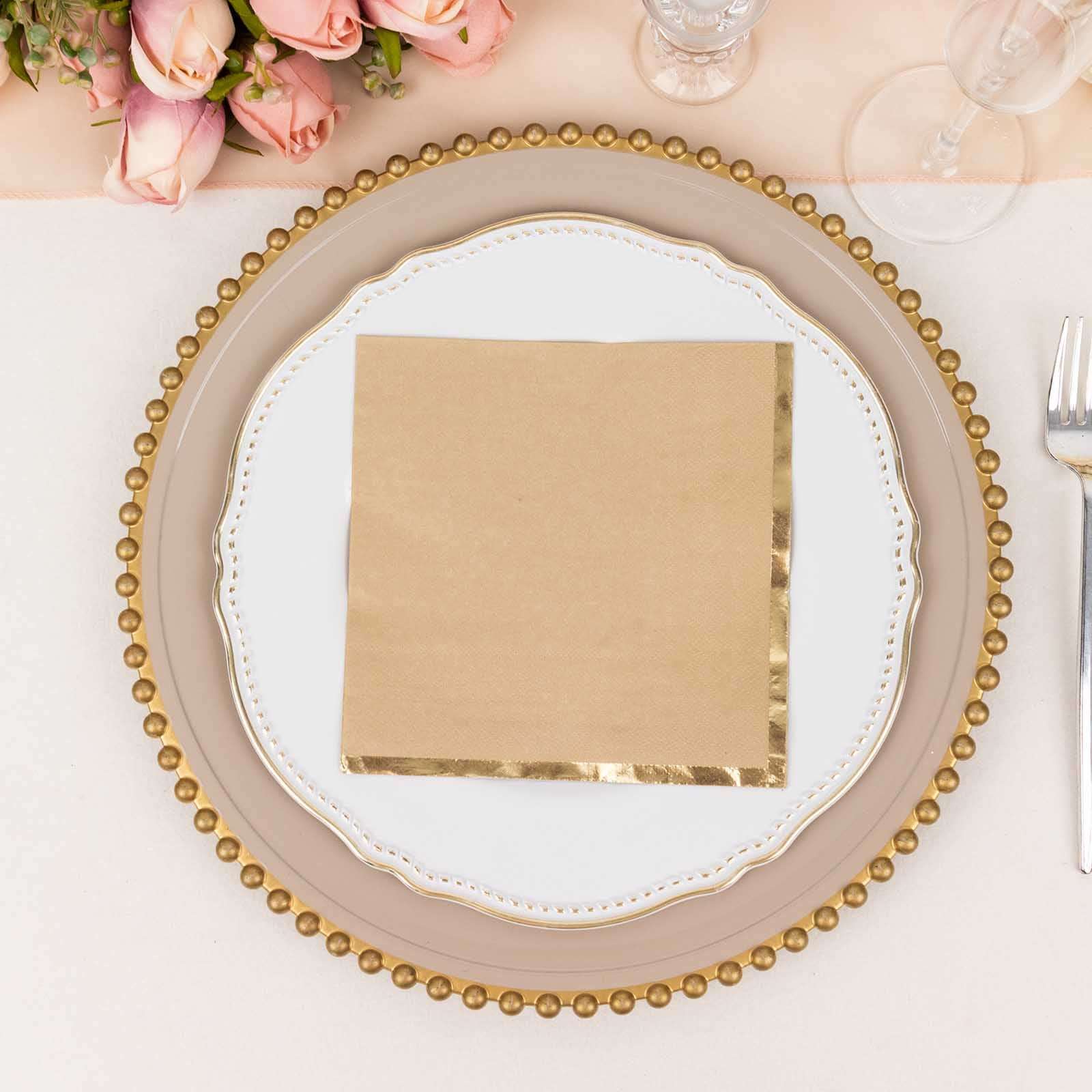 50-Pack Paper Beverage Napkins with Gold Foil Edge Natural - Disposable 2 Ply Cocktail Napkins for Events 6.5x6.5