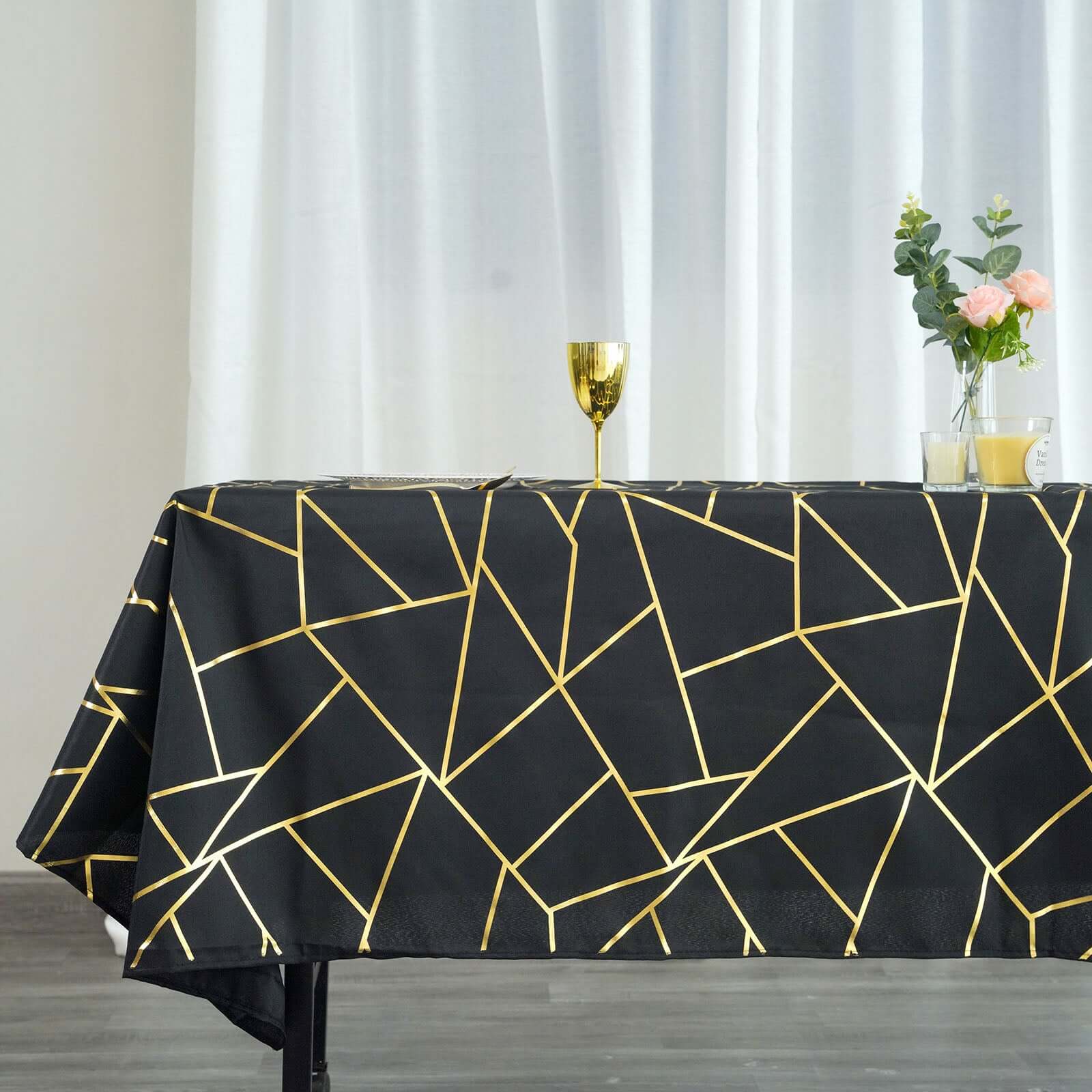 Polyester 60x102 Rectangle Tablecloth Black with Gold Foil Geometric Pattern - Wrinkle-Resistant & Durable Table Cover