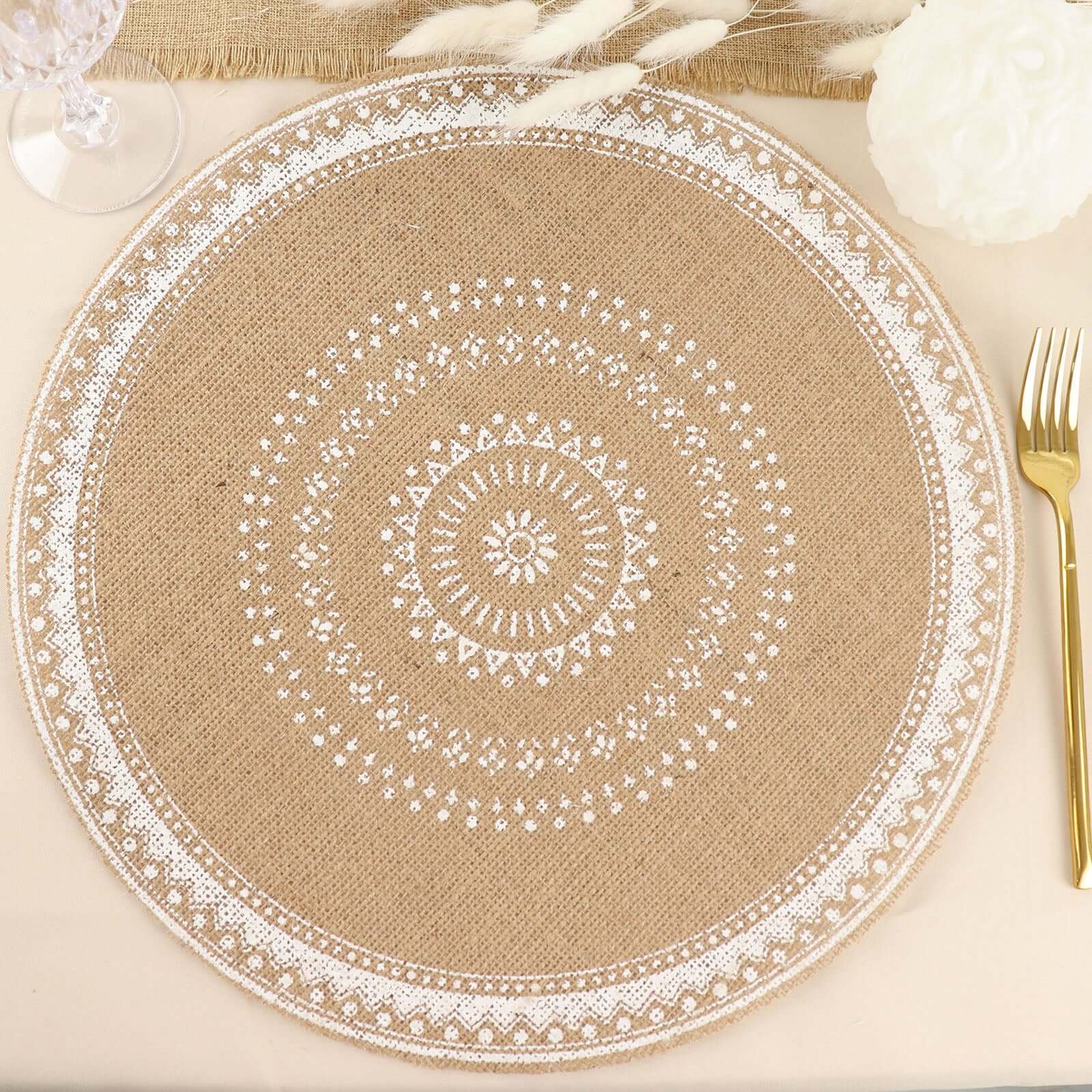 4-Pack Placemats Braided Design Natural Jute and White Round - Rustic Burlap Woven Table Mats 15