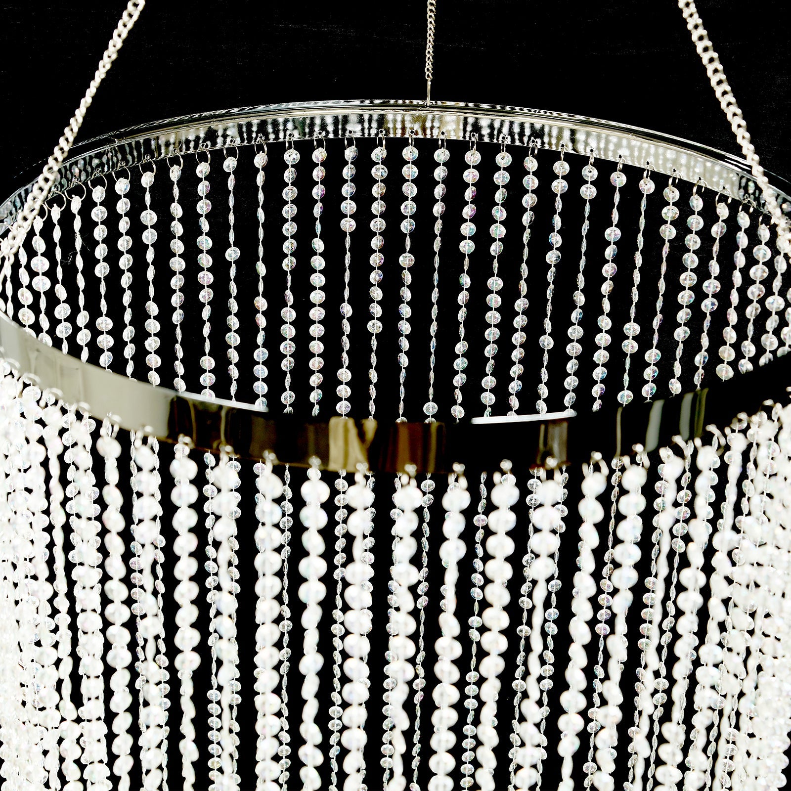 9ft Hanging Beaded Crystal Column Chandelier, Tall Beads Curtain Round with Silver Metal Hoop and Hanging Chain