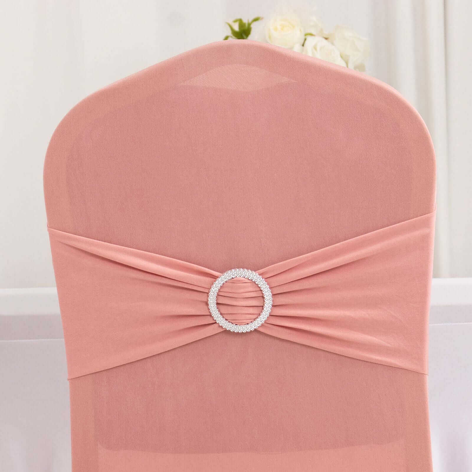 Spandex Chair Cover with Dusty Rose Rhinestone Buckled Sash Band Blush - Stretch Fitted Slipcover