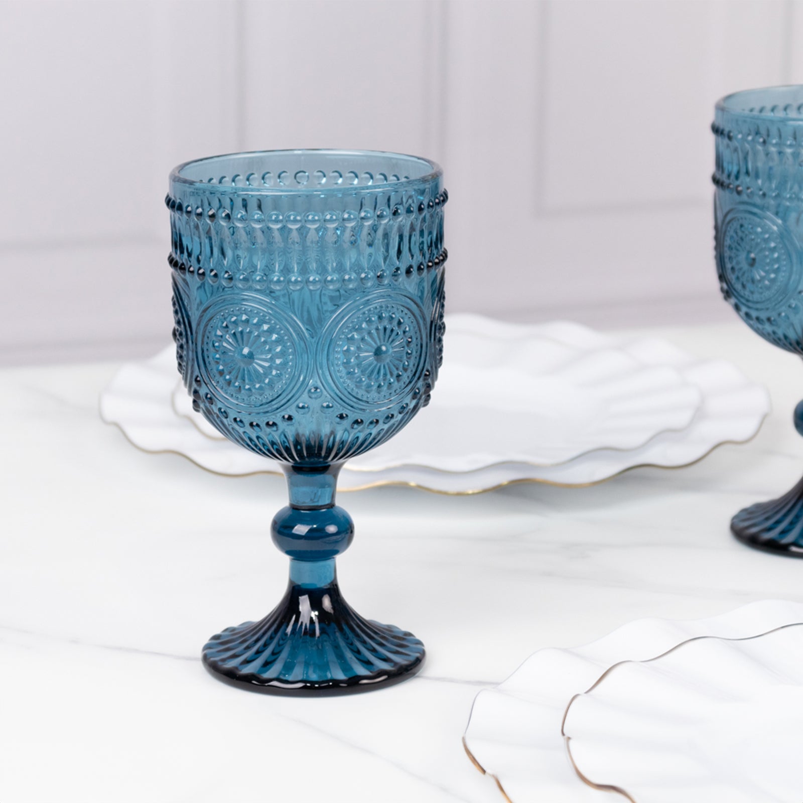 6-Pack Wine Glasses Ocean Blue Vintage Embossed Design with Textured Floral Pattern - Short Stemmed Glasses for Drinks & Cocktails 12oz