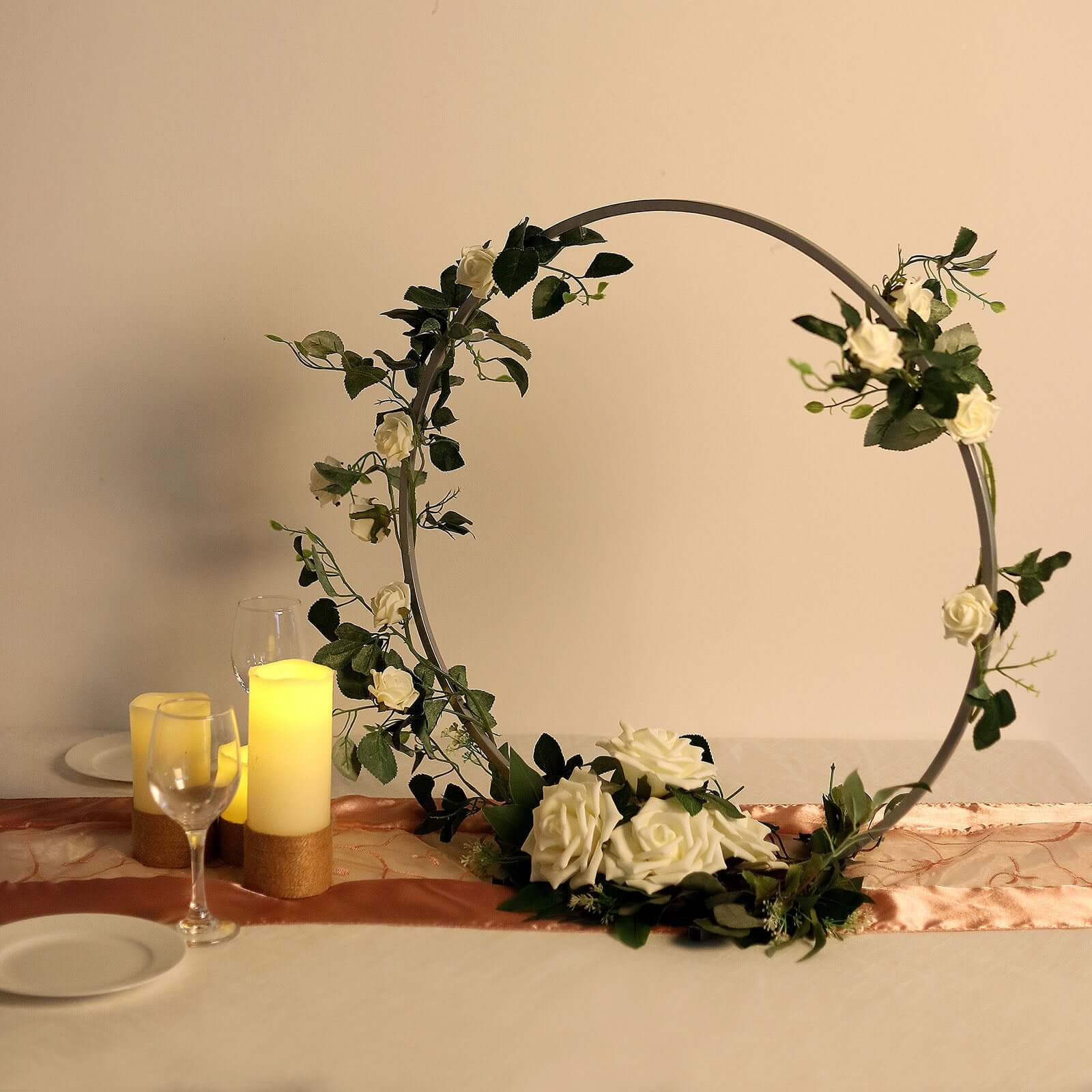 24 Silver Round Arch Wedding Centerpiece, Metal Hoop Wreath Tabletop Decor