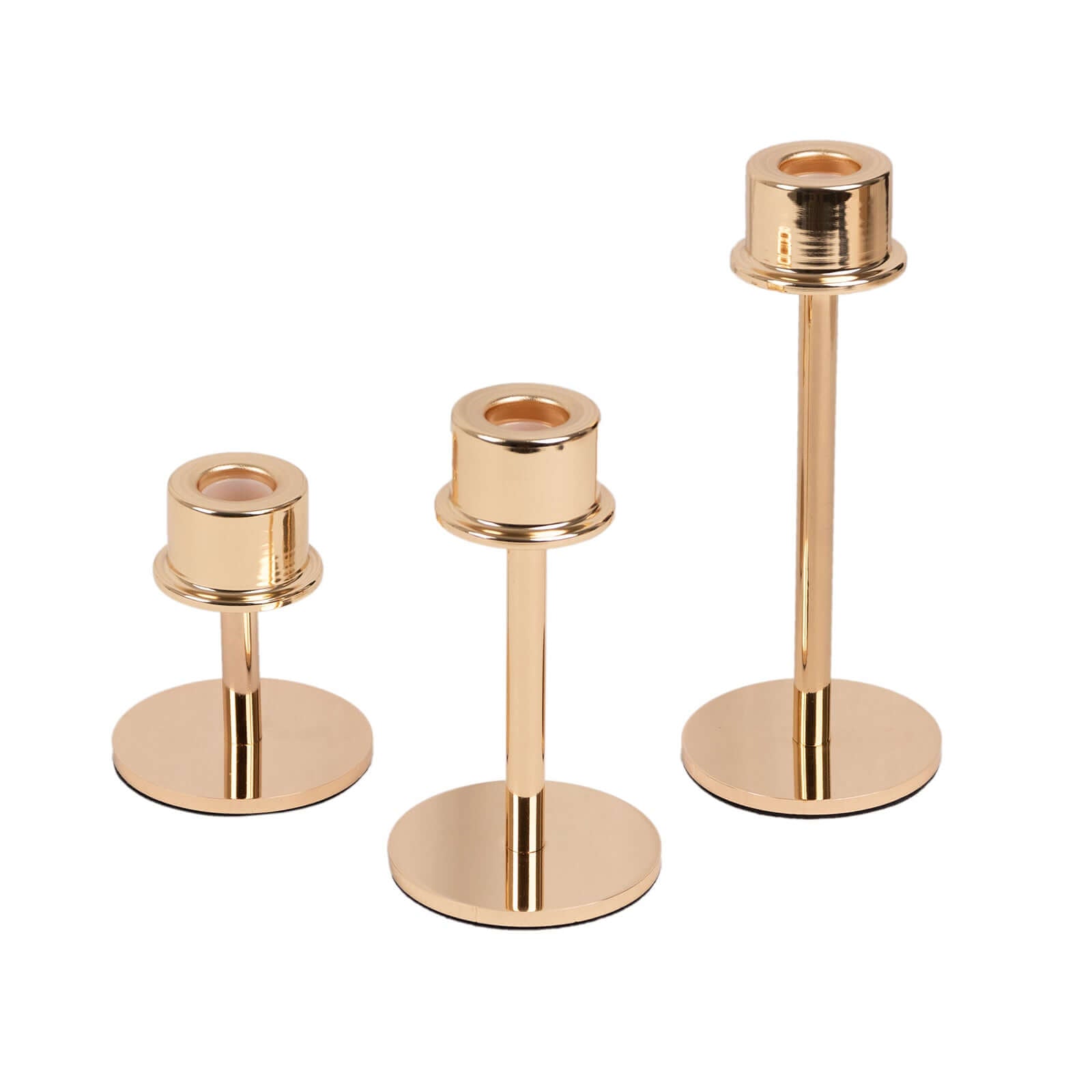 Set of 3 Metal Taper Candlestick Holders Gold with Round Base - Hurricane Candle Stands 3.5, 5.5, 8