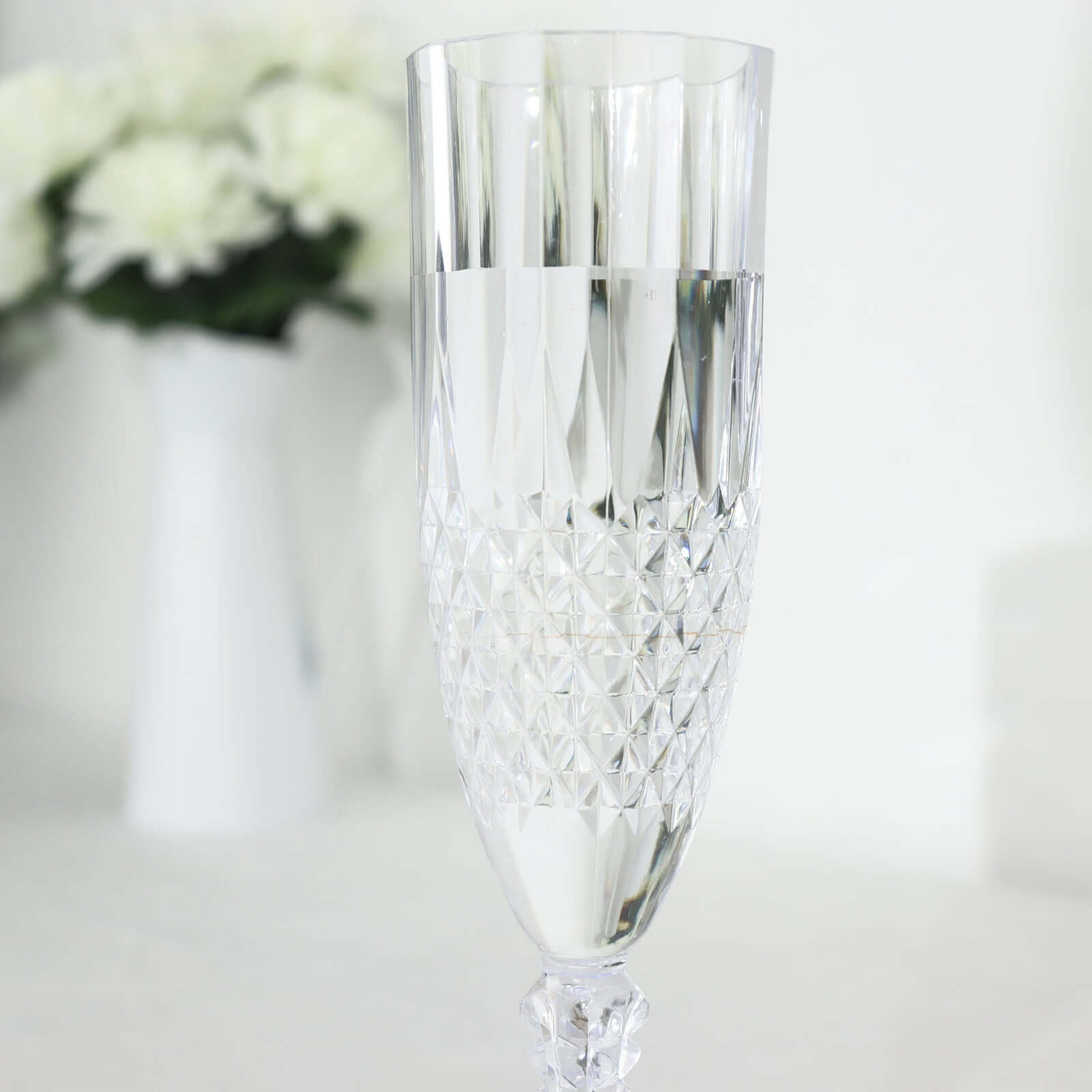 6-Pack Plastic Wedding Toast Flutes Clear Transparent Crystal Cut Style - Reusable Champagne Glasses 8oz