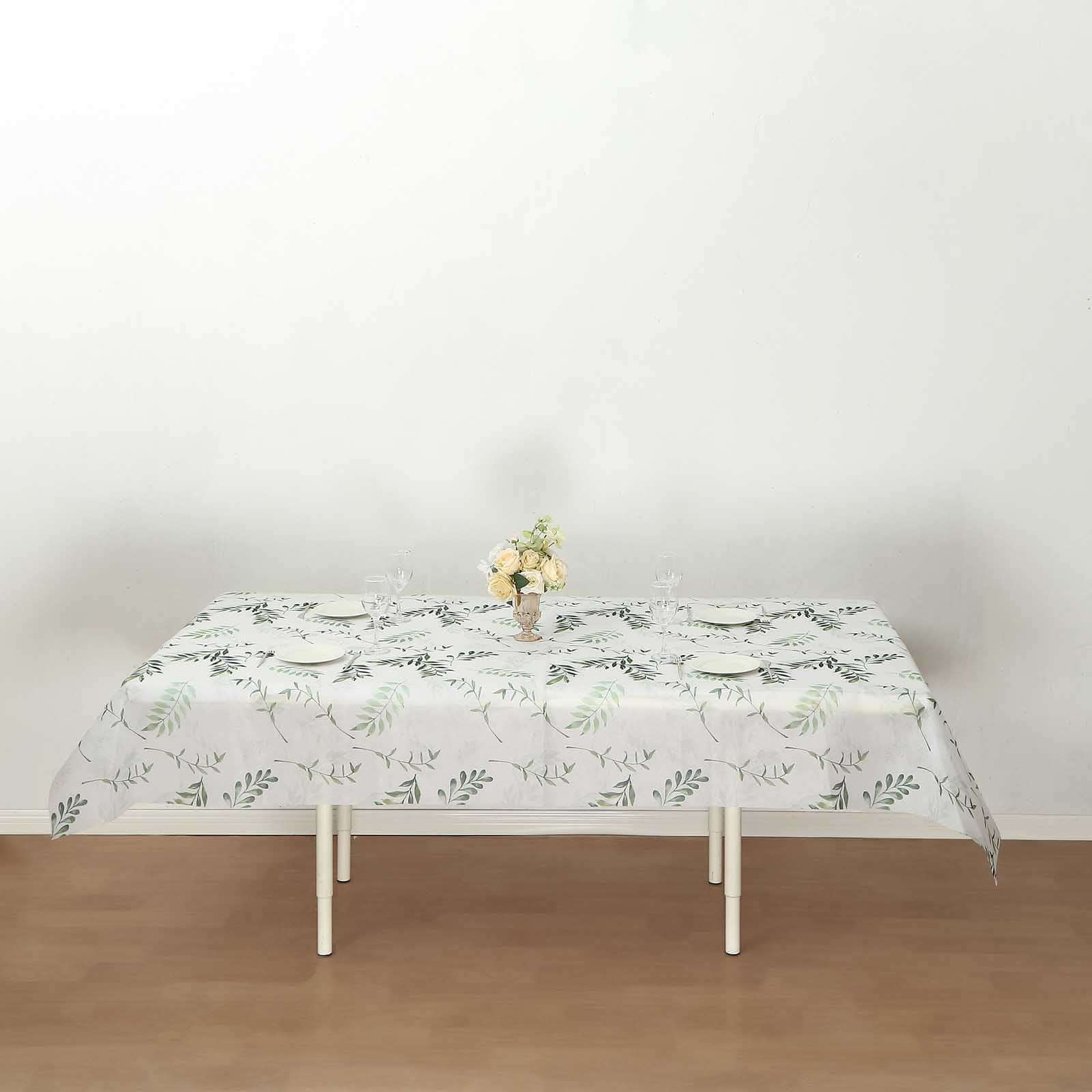 Non-Woven Tablecloth Rectangle White/Green with Olive Leaves Print - Perfect Disposable Table Cover for Summer 60x102