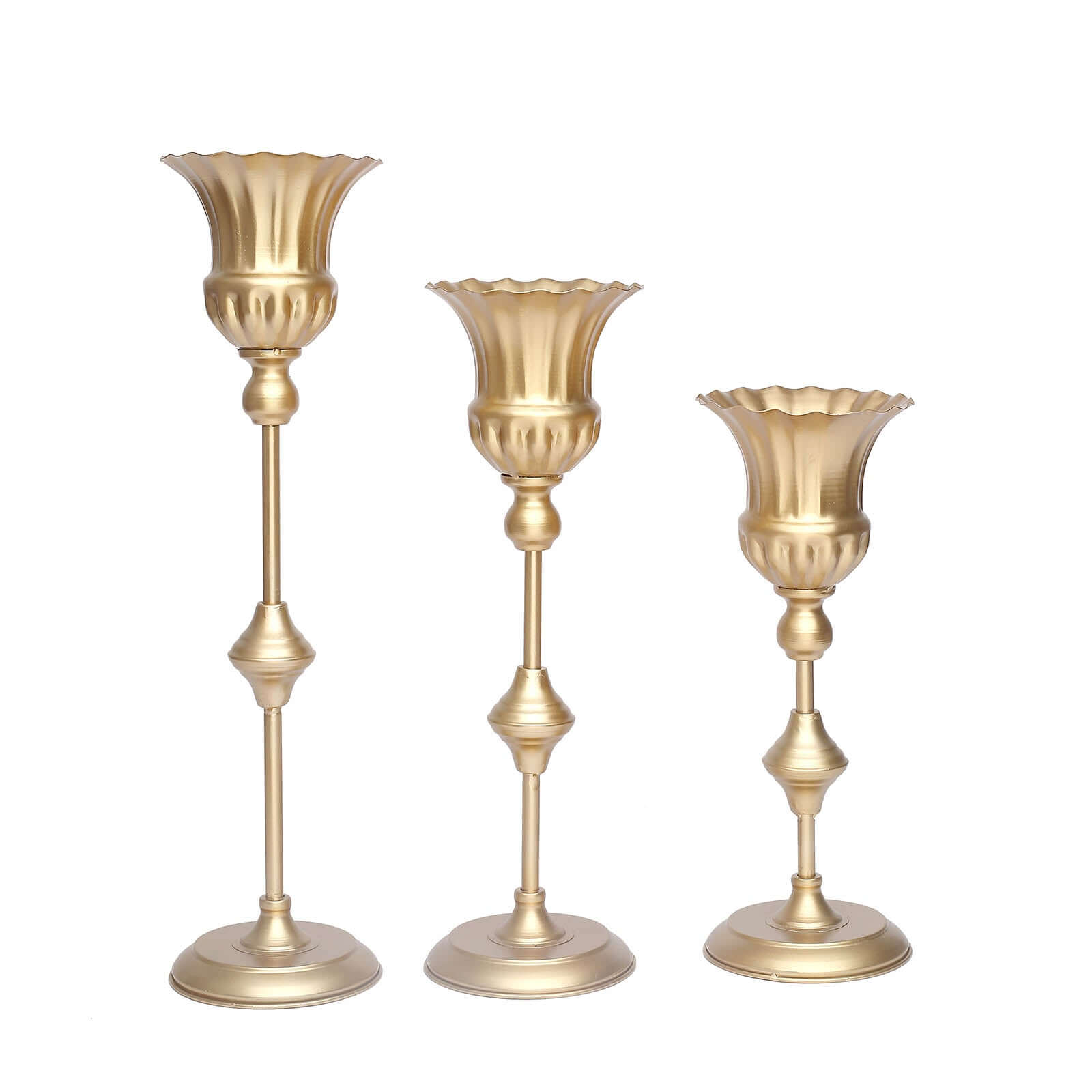 Set of 3 Trumpet Flower Vase Centerpieces Metallic Gold - Vintage Style Flute Table Decorative Stands 13, 16, 19