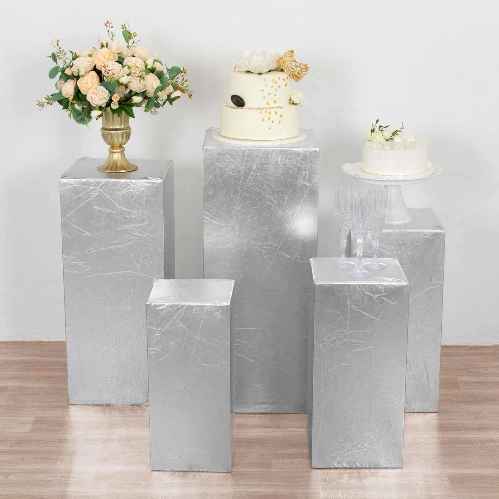 Set of 5 Metallic Silver Spandex Rectangle Pedestal Stand Covers, Stretchable Pillar Prop Covers - 160 GSM