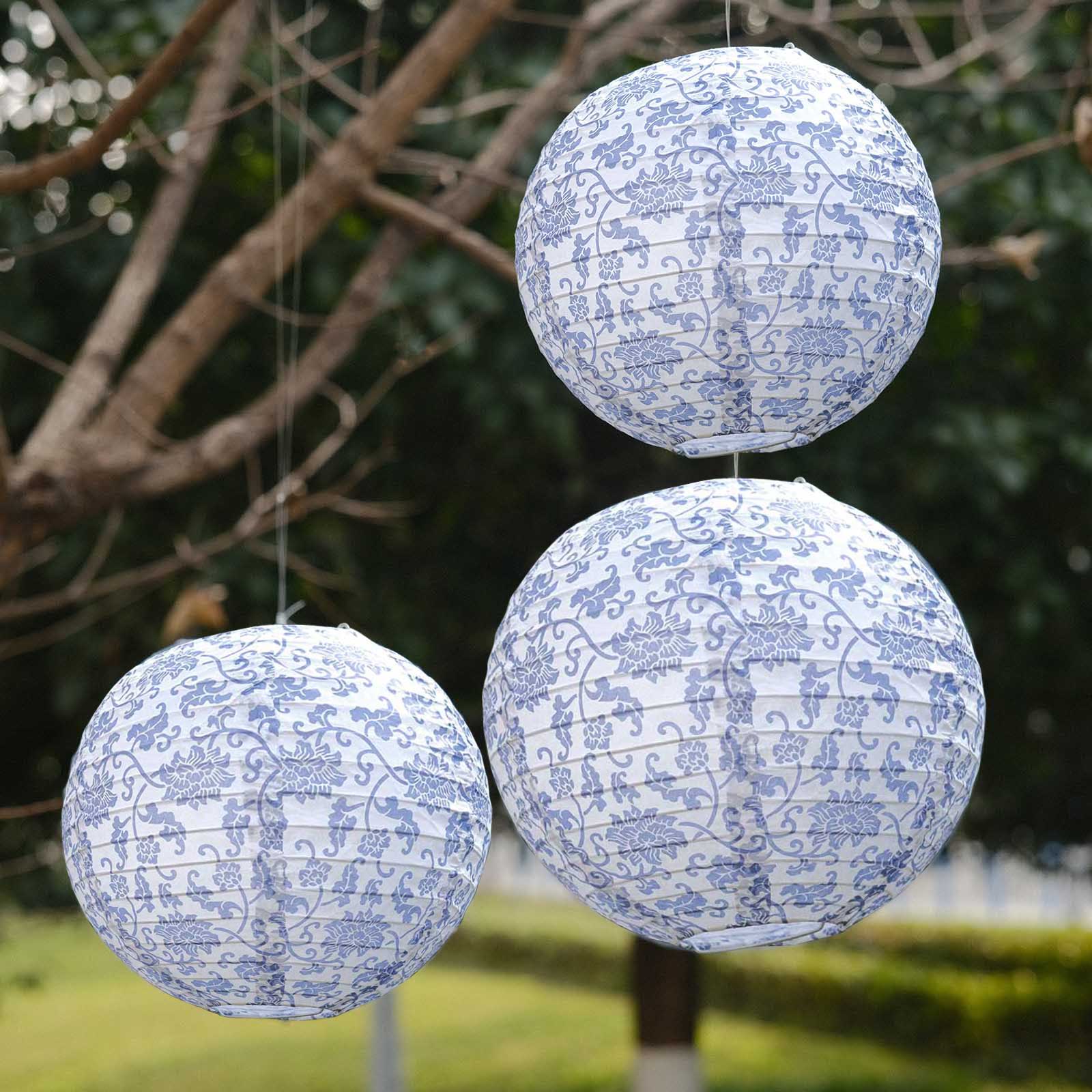 Set of 8 White Blue Hanging Chinese Lanterns in French Toile Floral Pattern, Festival Paper Lanterns - 6,8,10,14