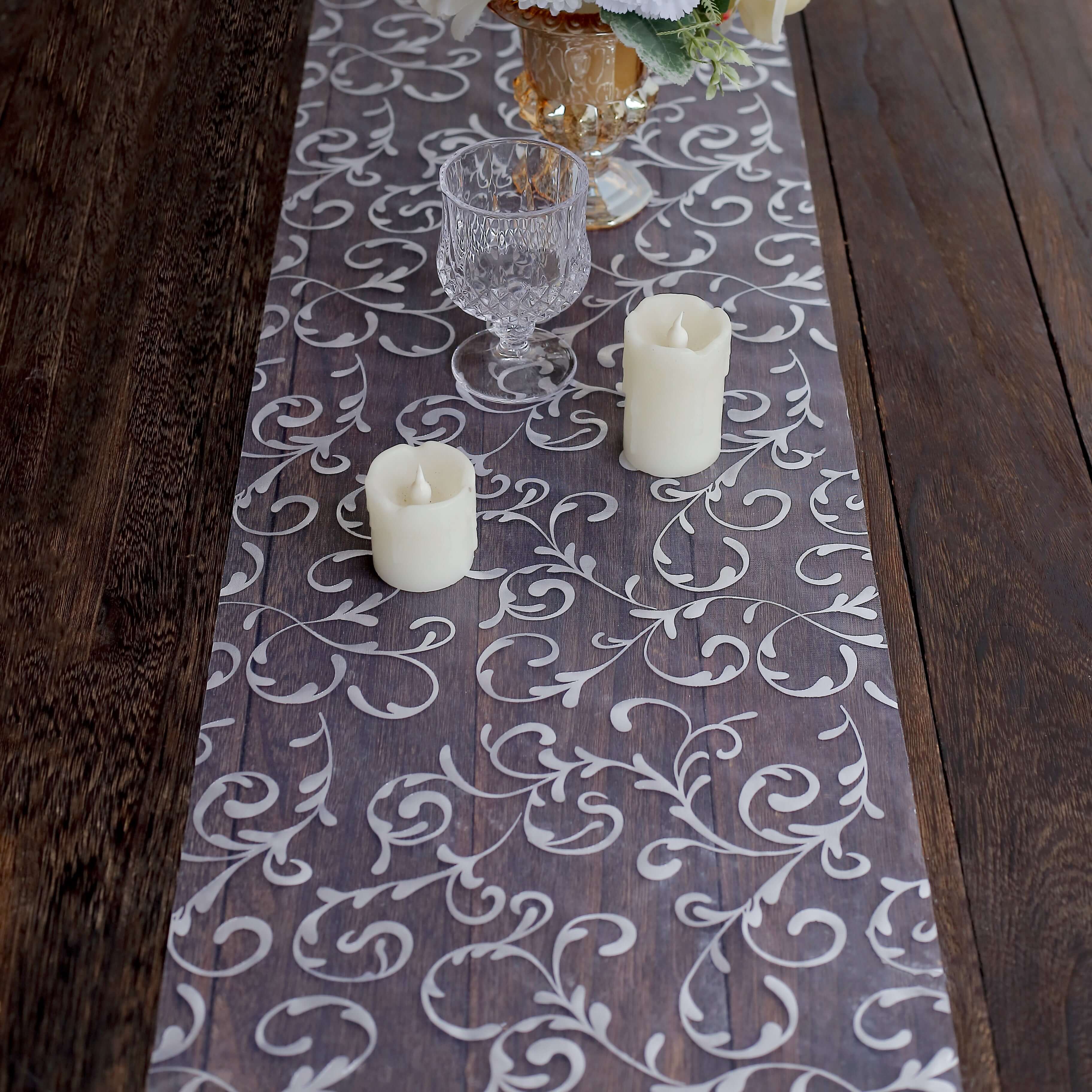 Sheer Organza 12x108 Table Runner Roll Metallic Silver Foil Embossed Floral Design - Stylish Event Decoration