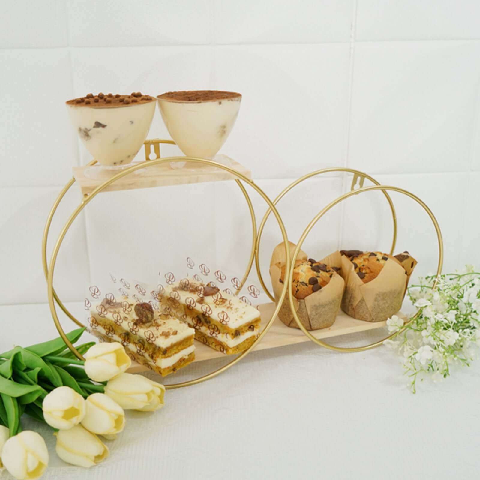 10x18 2-Tier Round Floating Shelf, Dessert Display Stand, Hanging Wall Shelf Gold With Double Hoop Design