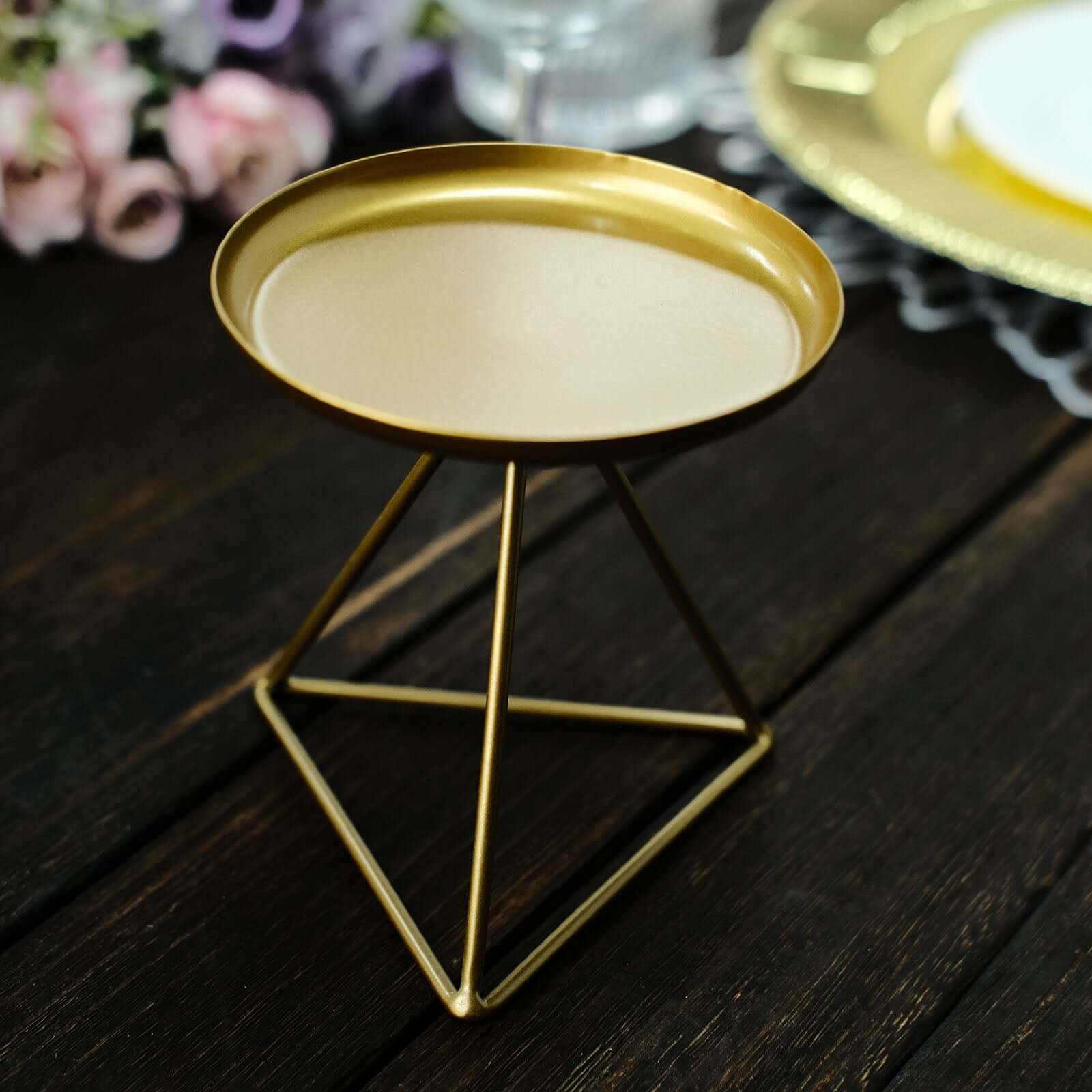 2-Pack Pillar Candle Holders Gold Metal Geometric Triangle Base Design - Decorative Centerpiece 5