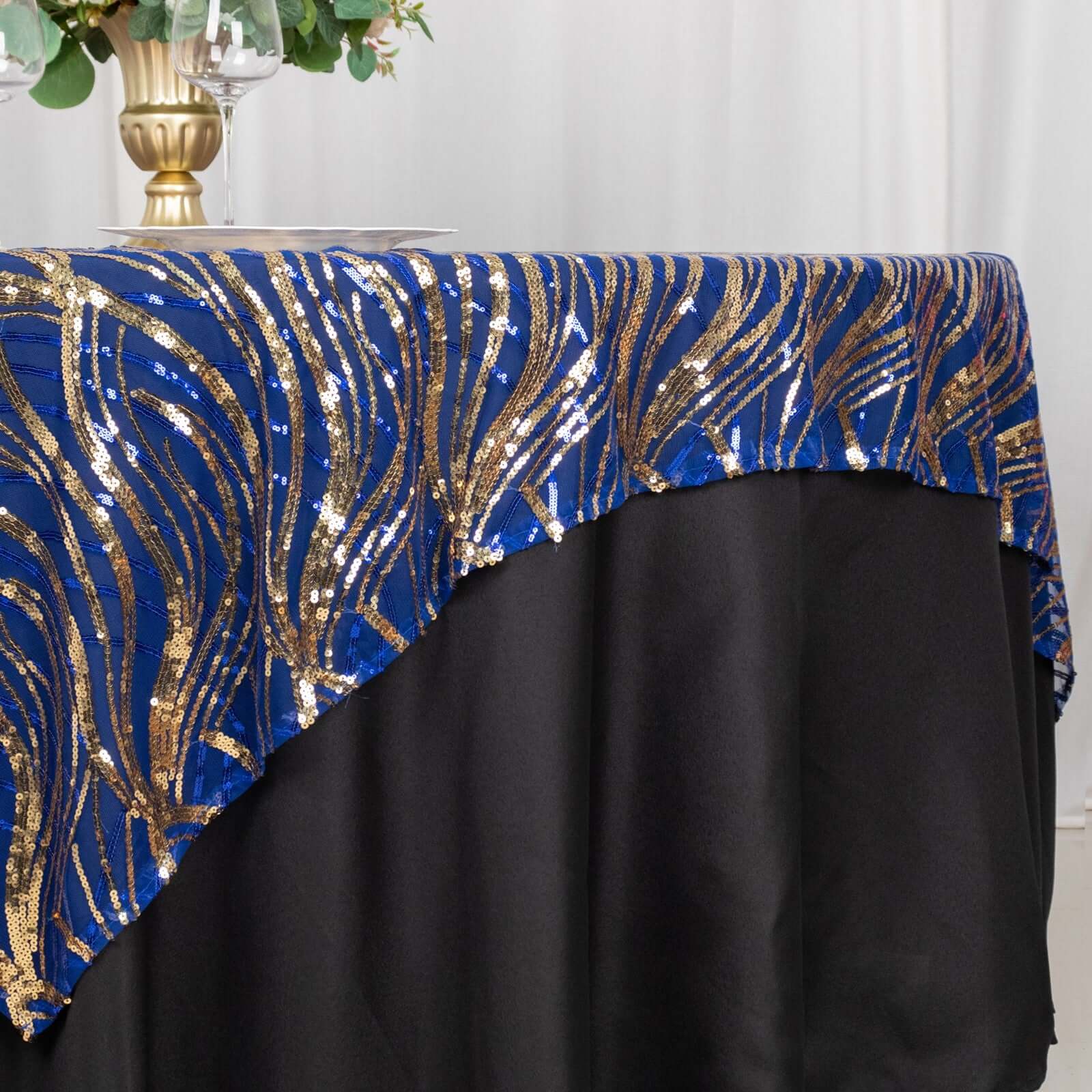 Mesh 72x72 Table Overlay Square Tablecloth Royal Blue - Wave Embroidered Sequins Table Topper