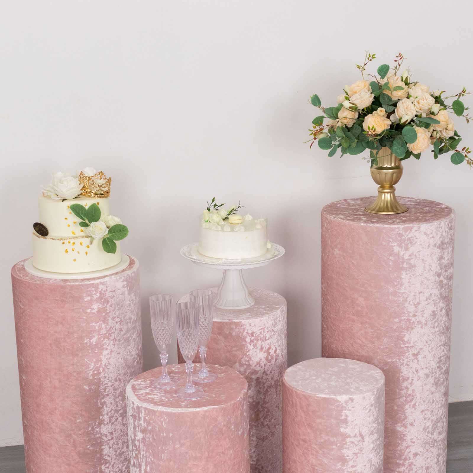 Set of 5 Blush Crushed Velvet Cylinder Pedestal Stand Covers, Premium Pillar Prop Covers