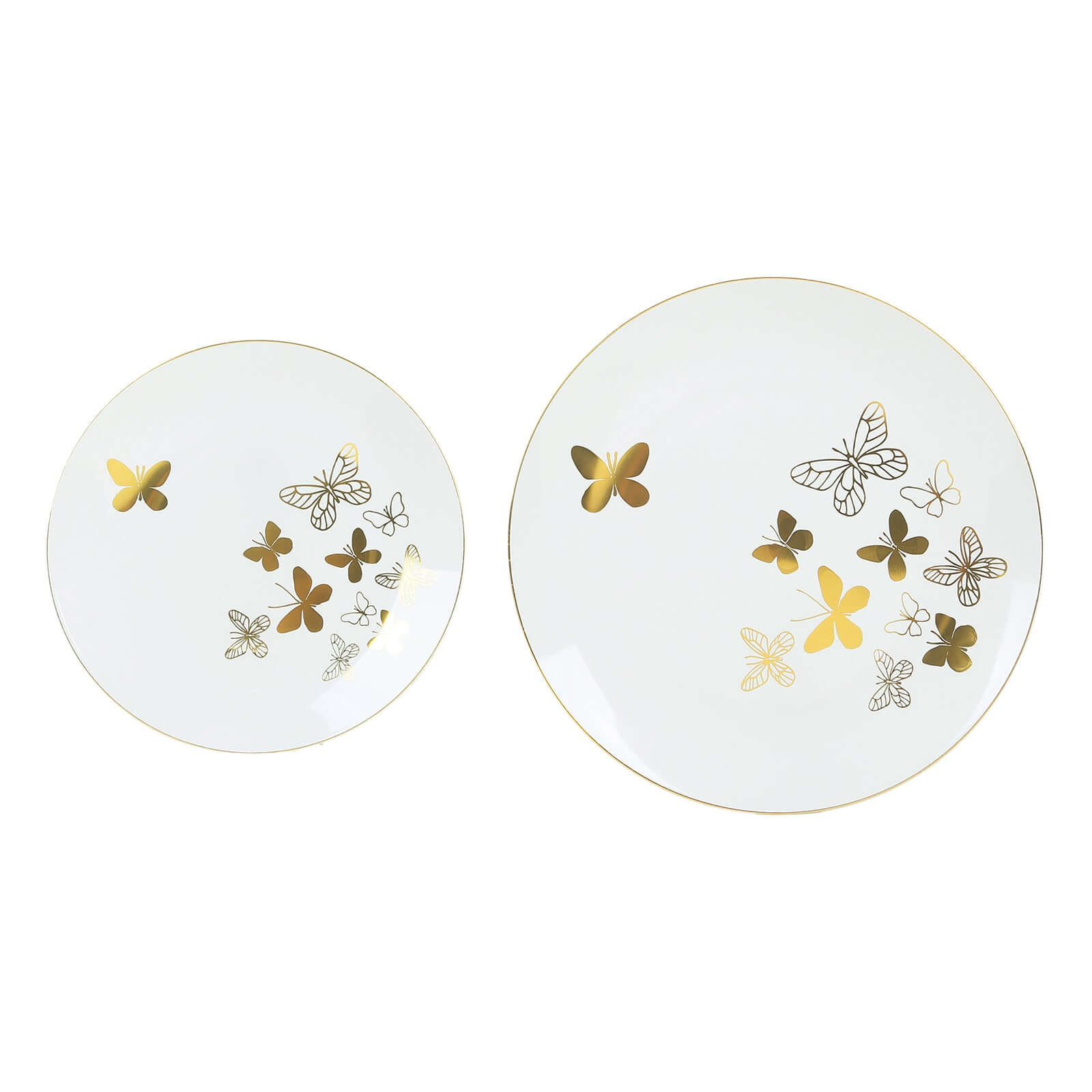 Set of 20 Plastic Round Dinner and Salad Plates in White with Gold Butterfly Design & Gold Rim - Stylish Disposable Dinnerware for Buffets & Catered Events 8, 10