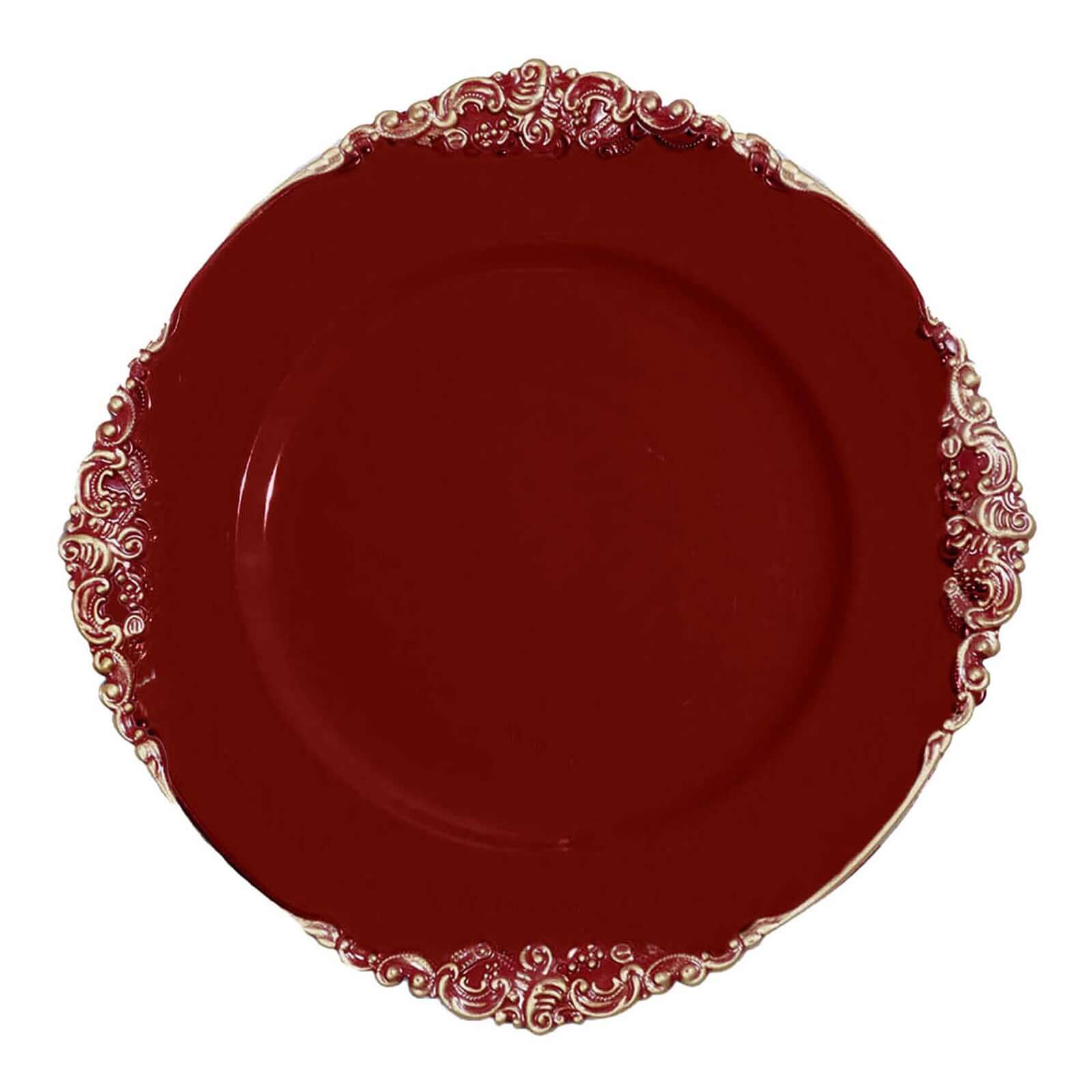 6-Pack Acrylic Round Charger Plates 13 in Burgundy with Gold Embossed Baroque Rim, Antique Decorative Dinner Party Charger Tableware