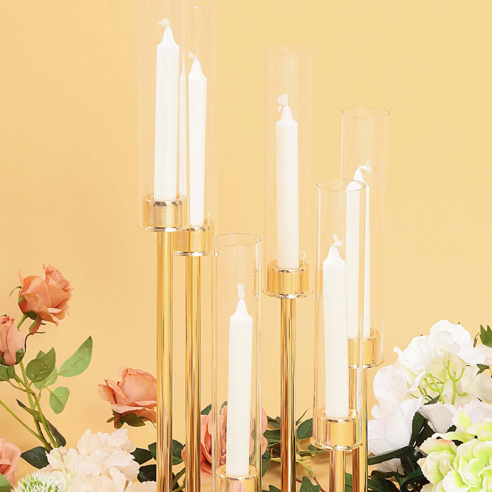 6-Arm Cluster Taper Candle Holder Gold with Clear Glass Shades - Sleek Candle Display for Gatherings 24