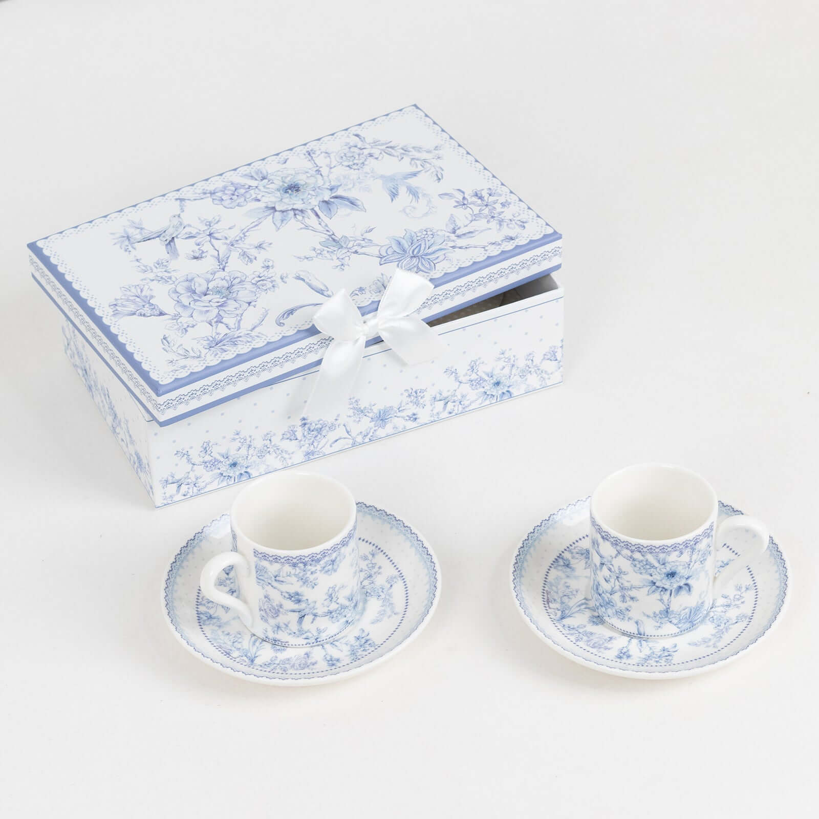 White Blue French Toile Bridal Shower Gift Set, Set of 2 Porcelain Espresso Cups and Saucers with Matching Keepsake Box