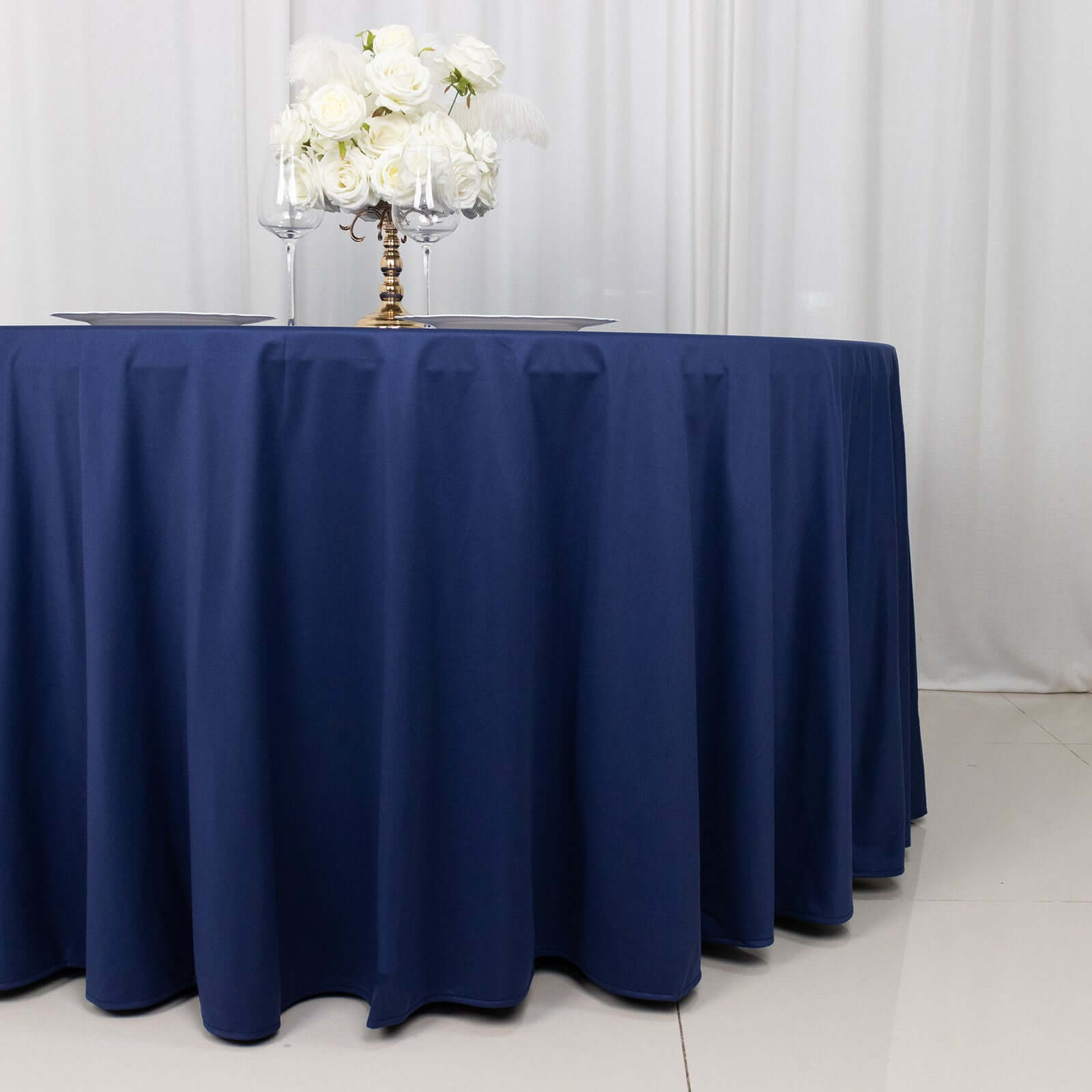 Premium Scuba Round 120 Tablecloth Navy Blue - Wrinkle Free & Stain Resistant Seamless Table Cover