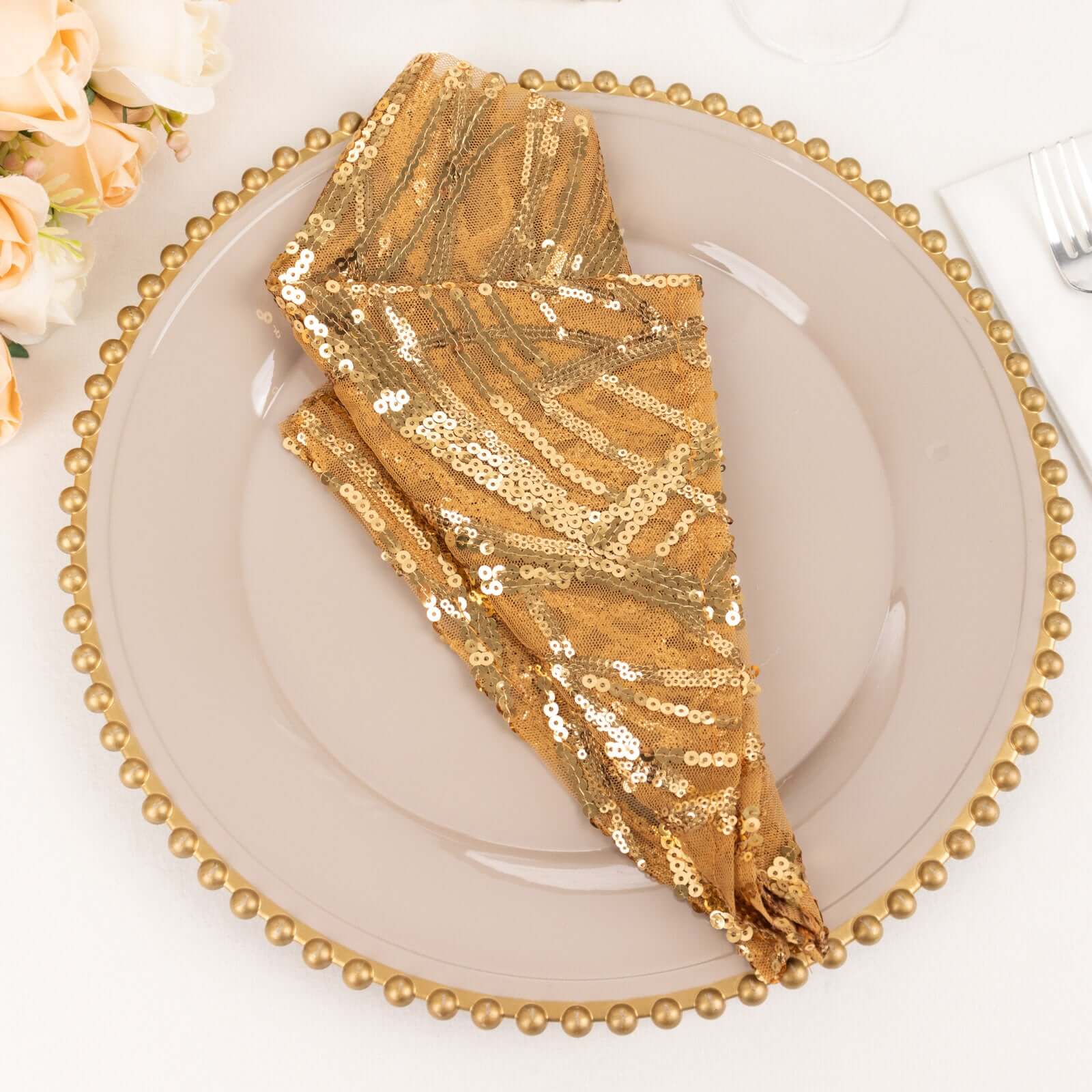 Sequin Mesh 20x20 Napkin Gold - Wave Embroidered Reusable Cloth Napkin for Glitzy Table Settings