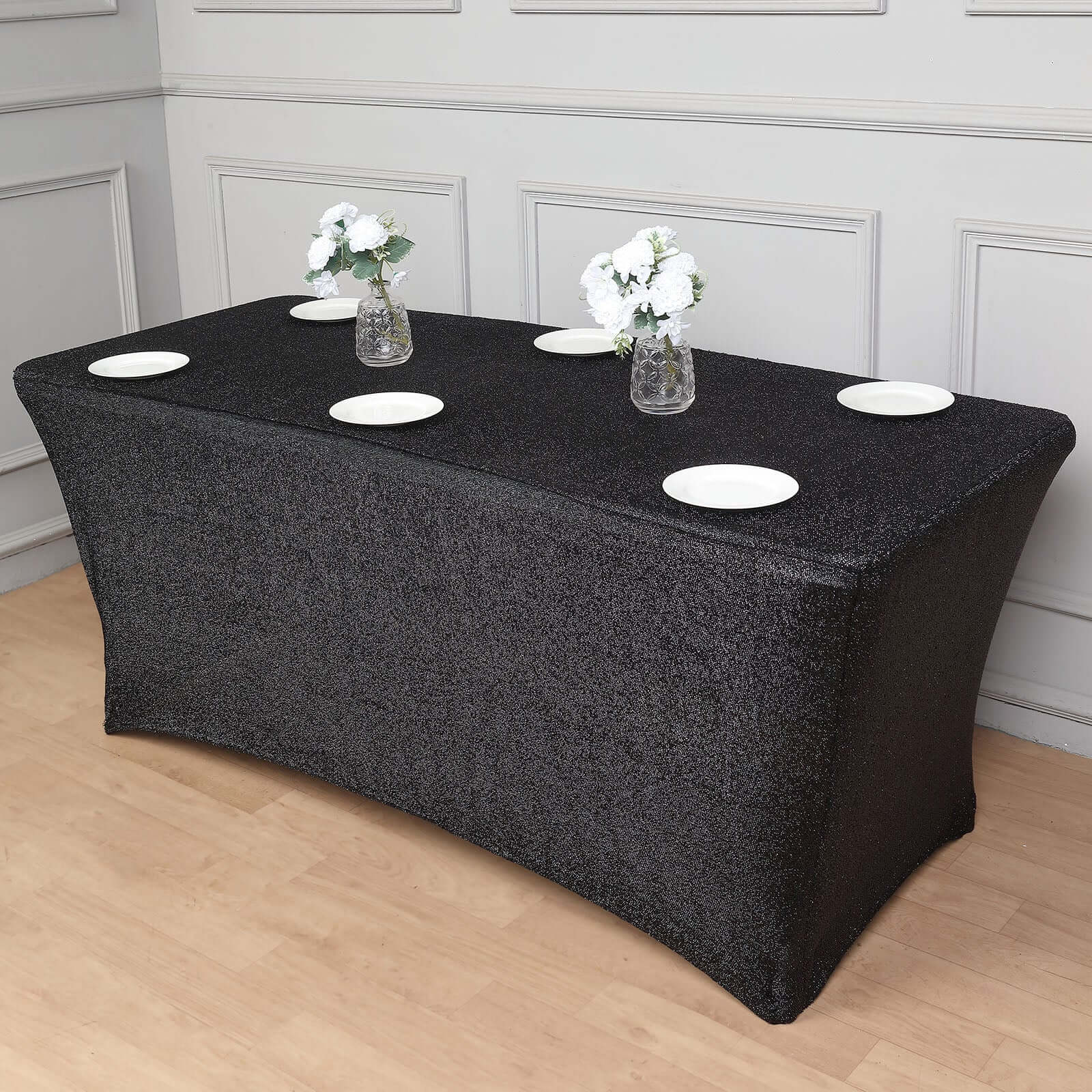 Shimmer Tinsel Spandex 72x30 Rectangle Tablecloth Metallic Black Glittered Shiny Stretch Table Cover