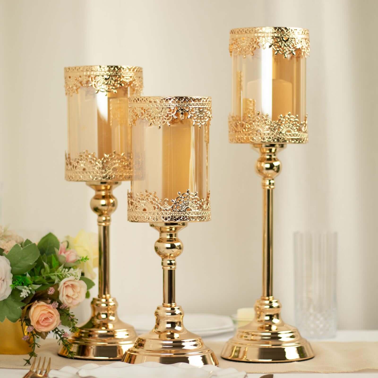 Set of 3 Lace Votive Candle Stands Antique Gold with Hurricane Glass Shades - Refined Pillar Candle Holders 13, 15, 17