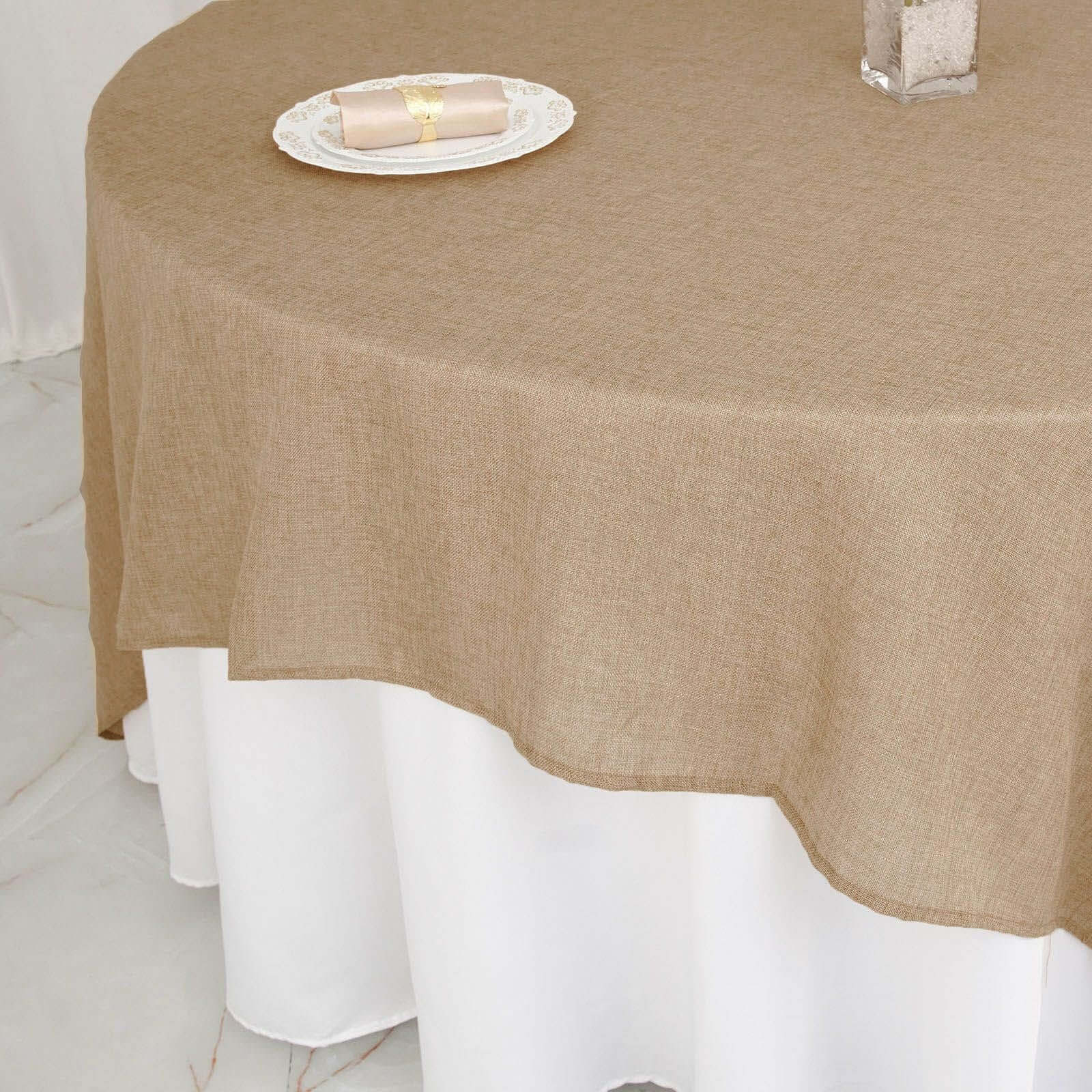 Faux Burlap 90x90 Table Overlay Square Tablecloth Natural - Boho Chic Design for Stylish Celebrations