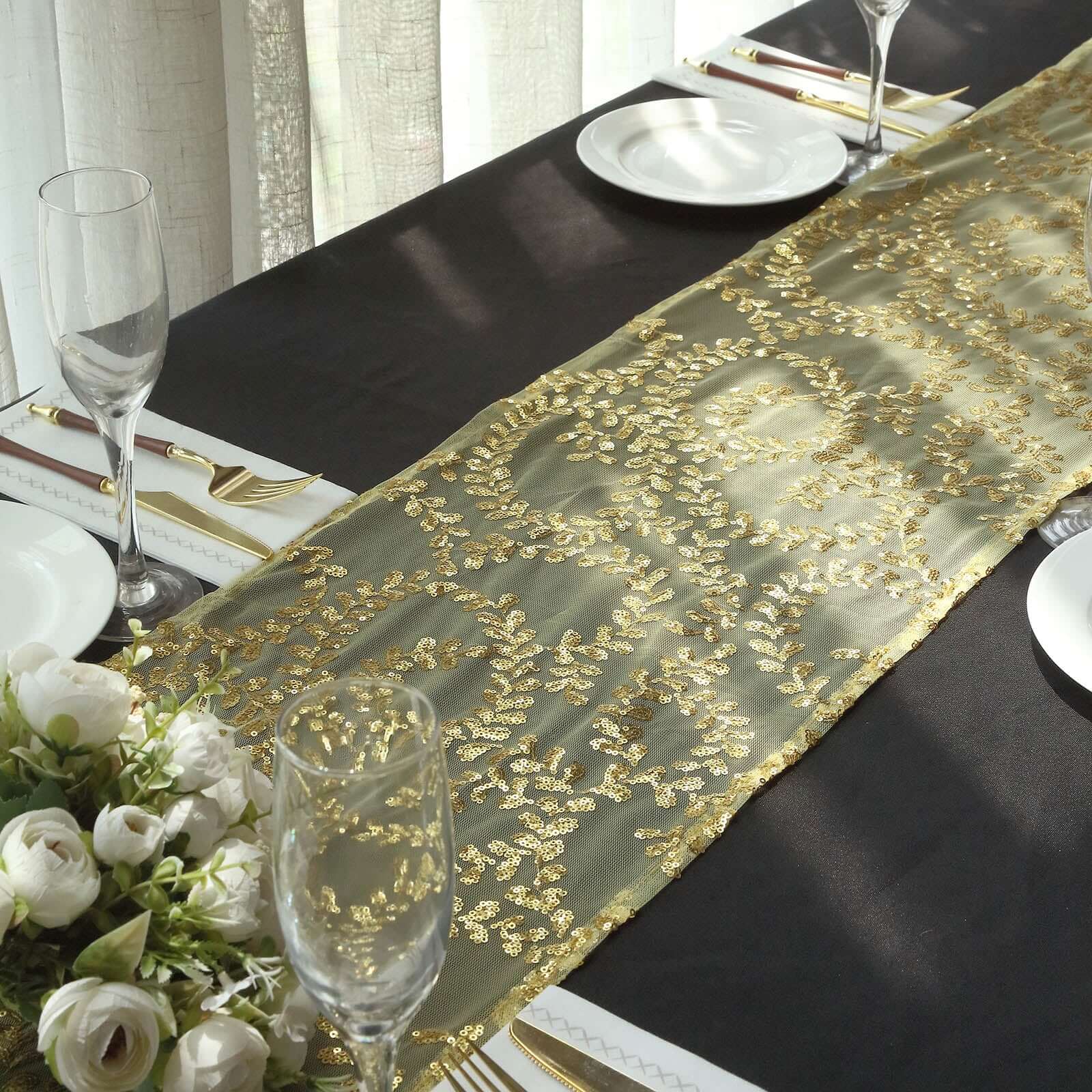Mesh 12x108 Table Runner Gold - Leaf Vine Sequin Embroidered Design for Sophisticated Occasion