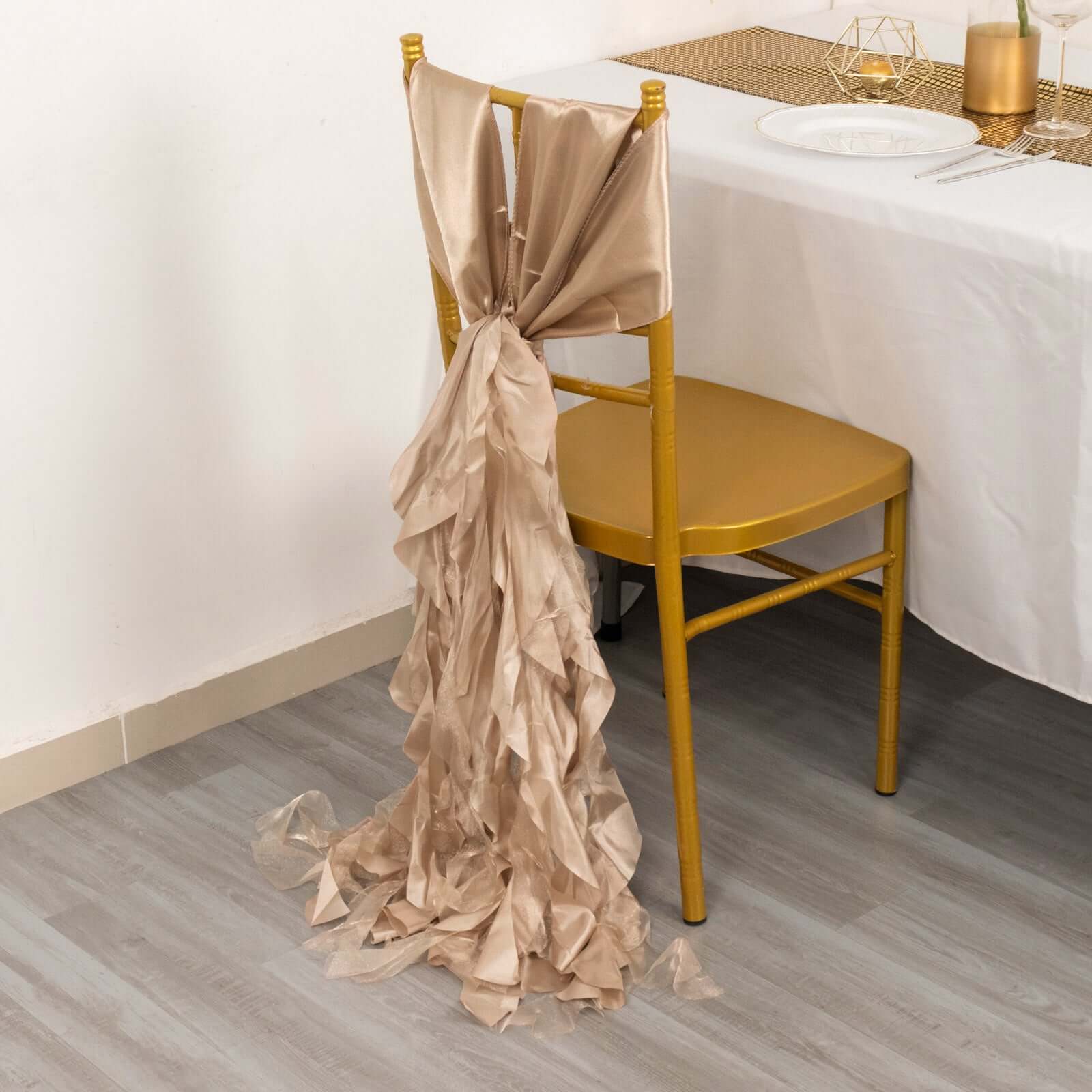 5 Pack Chiffon Satin Chair Sashes Nude - Easy to Install Ruffled Curly Willow