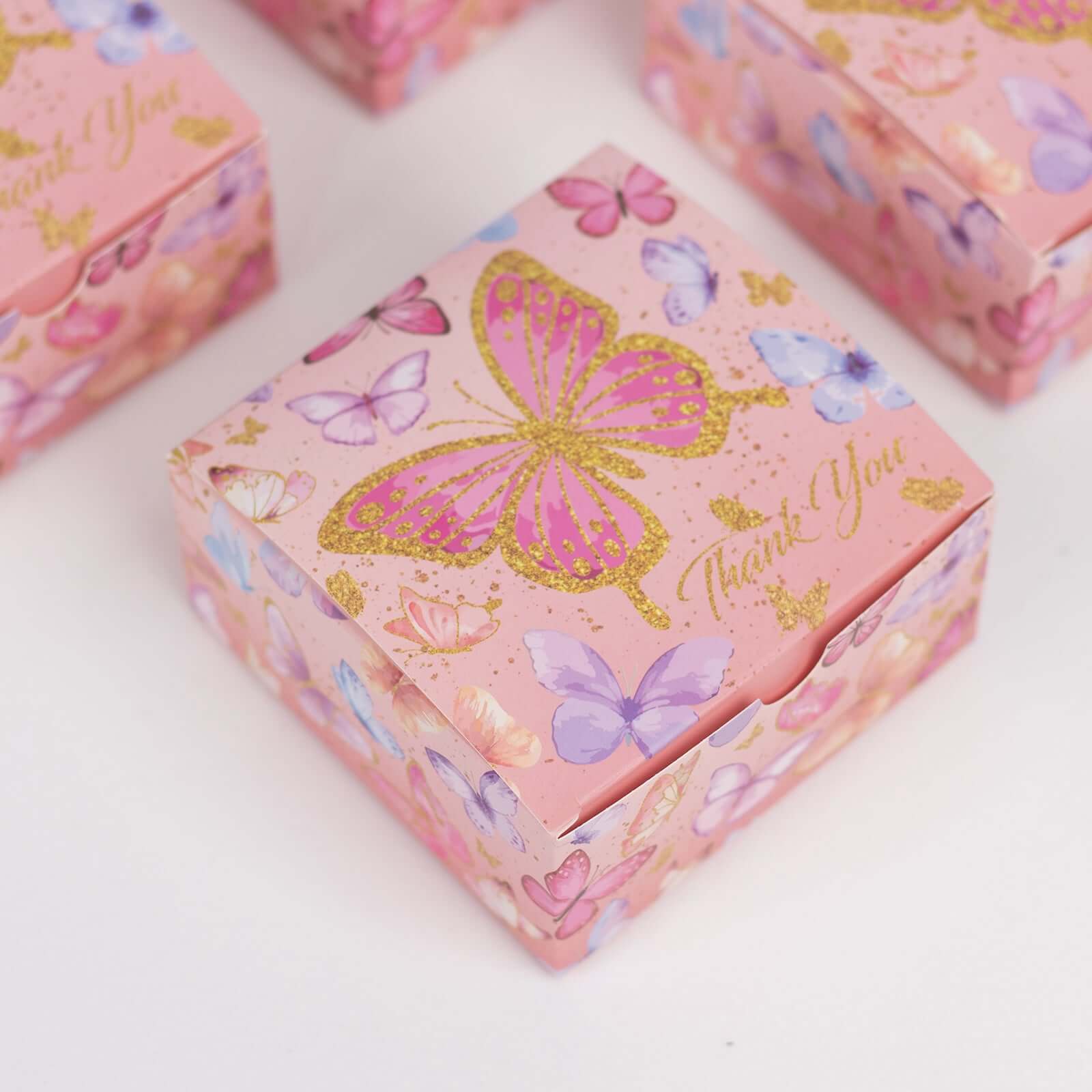 25 Pack Pink Butterfly Themed Candy Gift Boxes with Thank You Print, Cardstock Paper Party Favor Boxes - 4x4x2