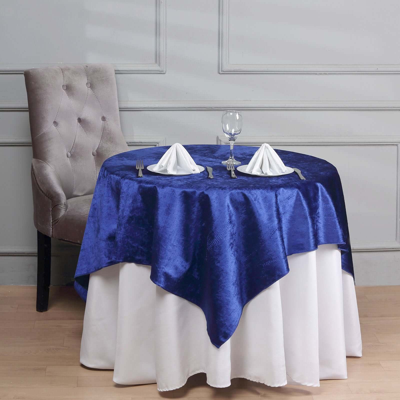 54x54 Royal Blue Seamless Premium Velvet Square Table Overlay, Reusable Linen