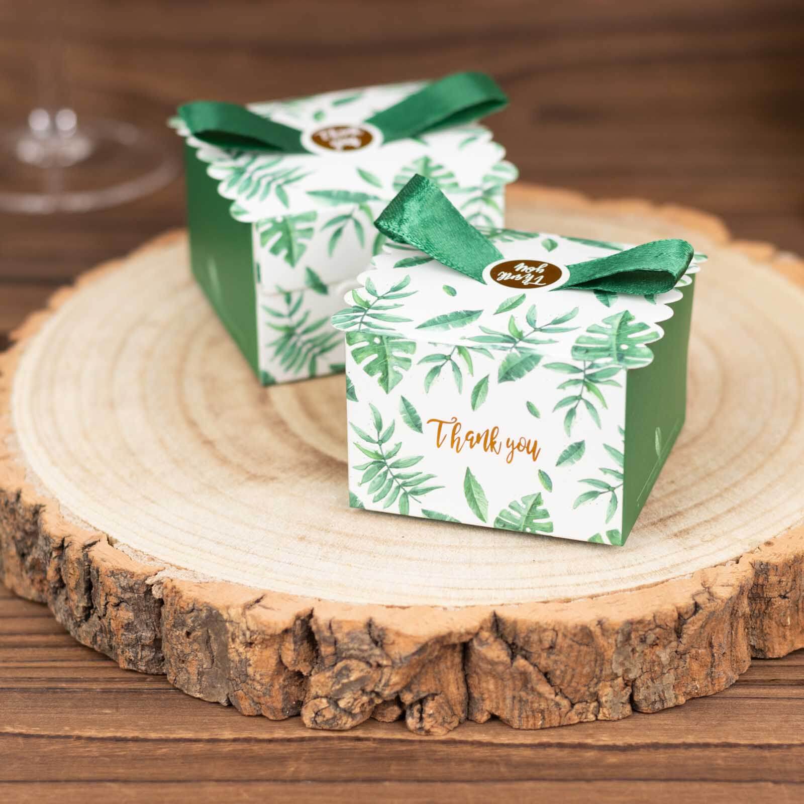 25 Pack Green Monstera Leaf Print Candy Gift Boxes with Satin Ribbon Bow, Thank You Cardstock Paper Party Favor Boxes - 2.5x2.5x2