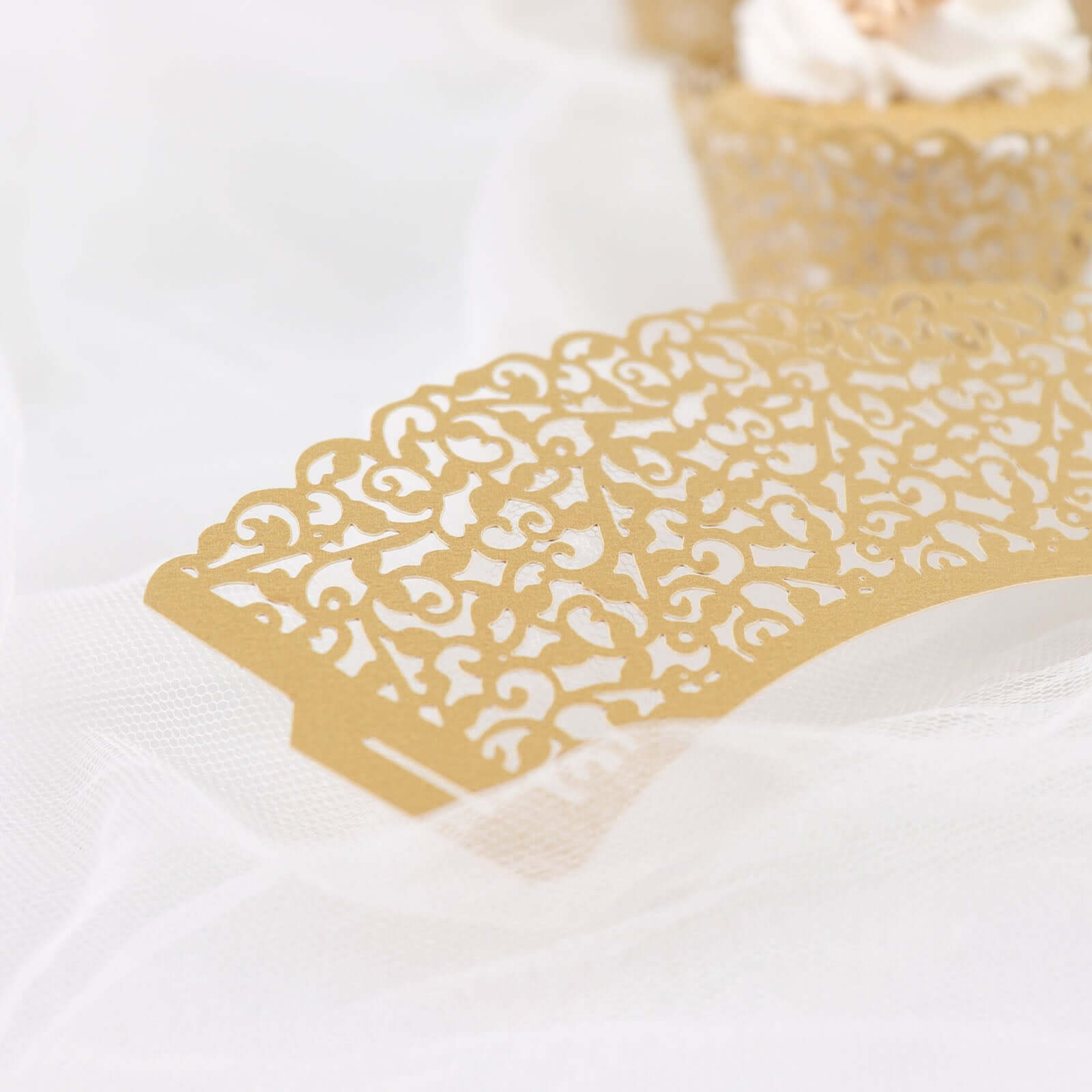 25-Pack Paper Cupcake Wrappers Lace Laser Cut Design Gold - Muffin Baking Cup Trays for Events