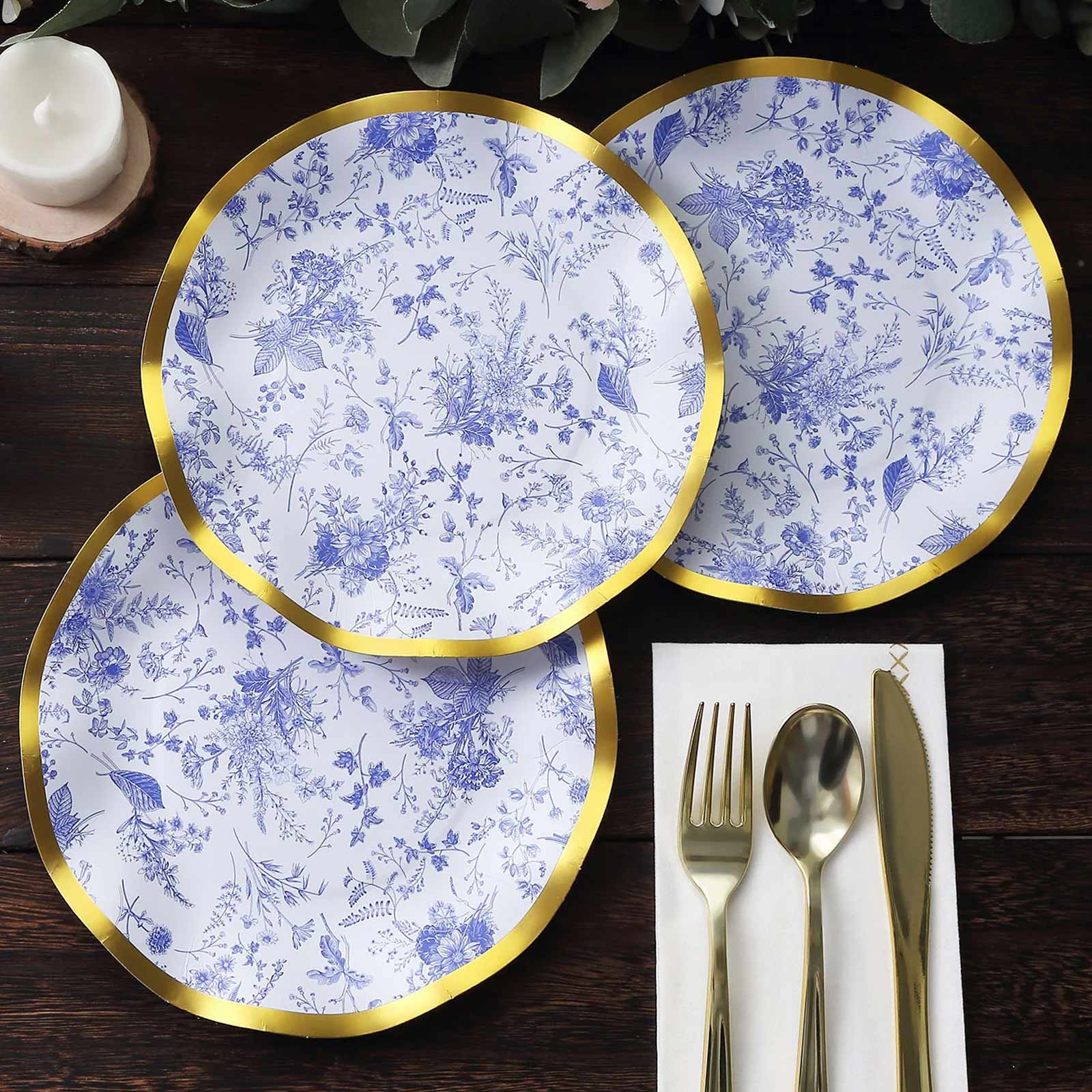 25-Pack Paper Round Dessert Plates 8 in White with Blue French Toile Pattern & Gold Wavy Rim - Disposable 350GSM Salad Plates