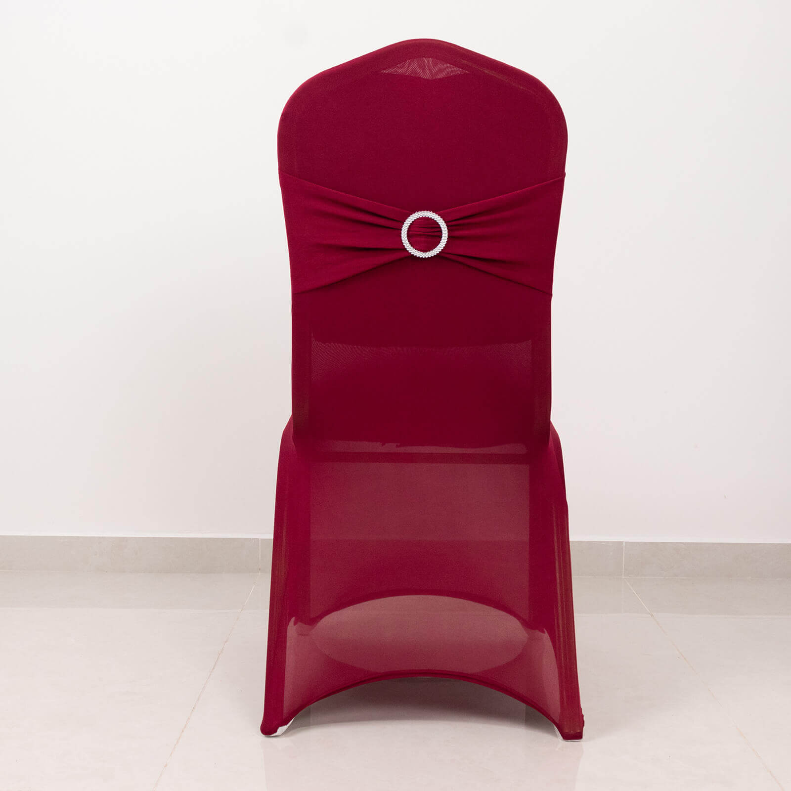 Spandex Chair Cover with Burgundy Rhinestone Buckled Sash Band Blush - Stretch Fitted Slipcover