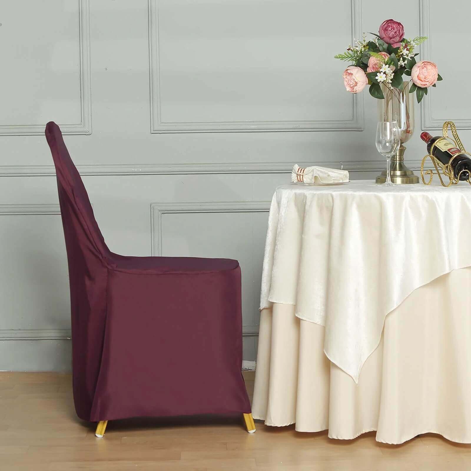 10 Pack Polyester Chair Cover for Banquet Chairs Burgundy - Stain-Resistant Reusable Slip-On Slipcover