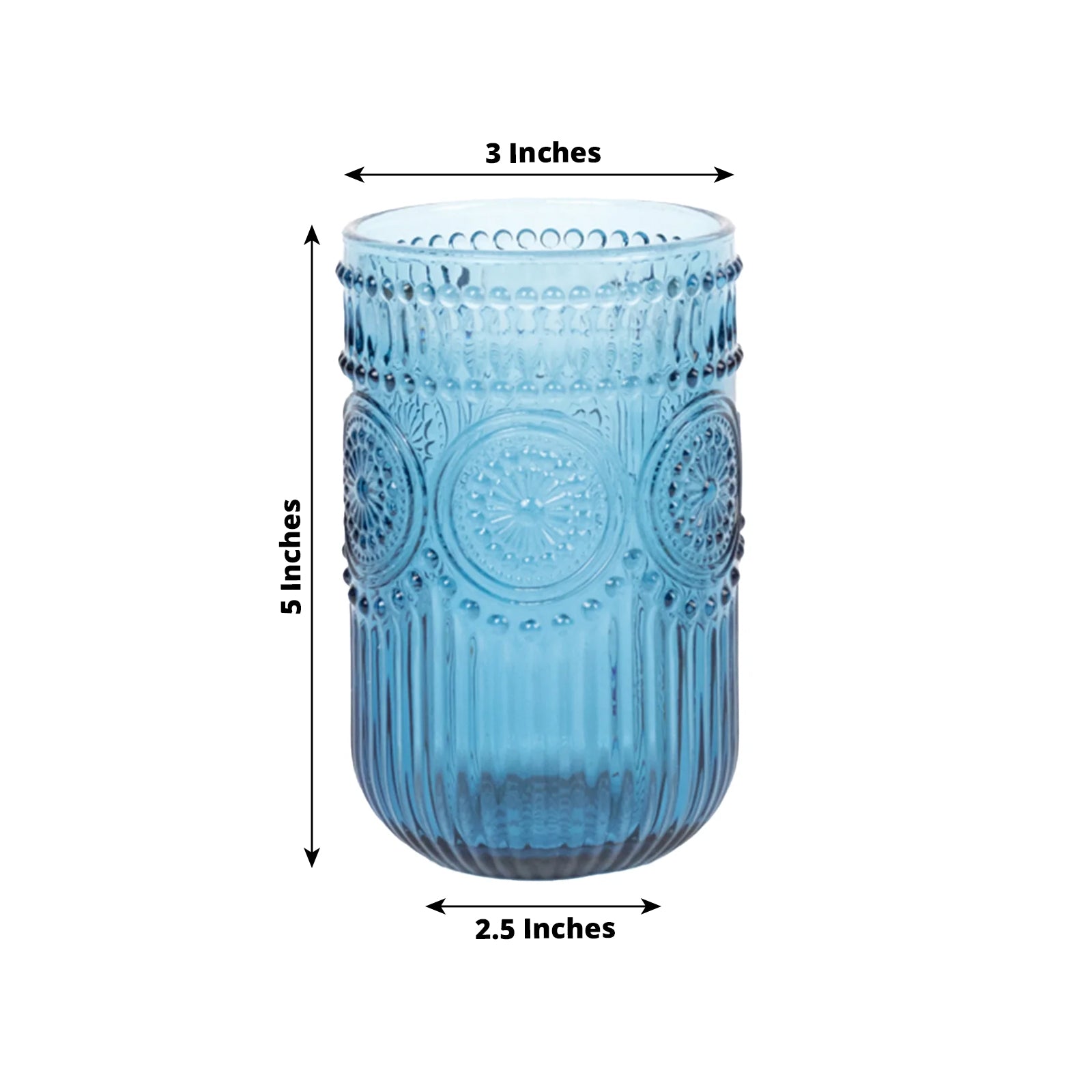 6-Pack Glass Tumblers Ocean Blue Vintage Embossed Design with Textured Floral Pattern - Highball Glasses for Drinks & Parties 14oz