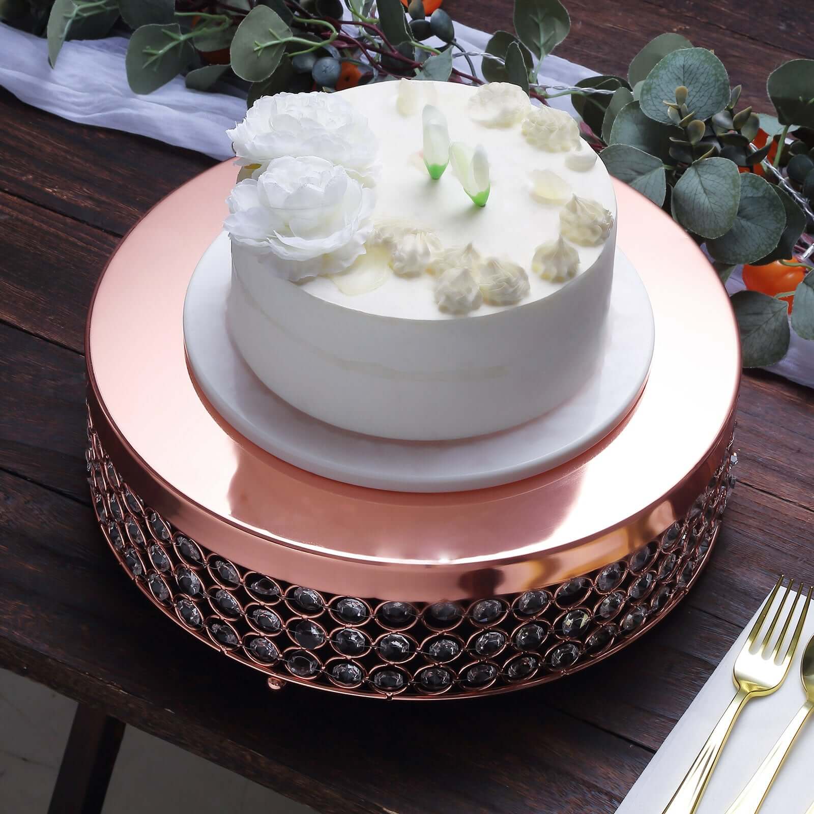 Metal Cake Stand Pedestal Crystal Beaded Design Rose Gold - Cupcake Display and Dessert Riser 13