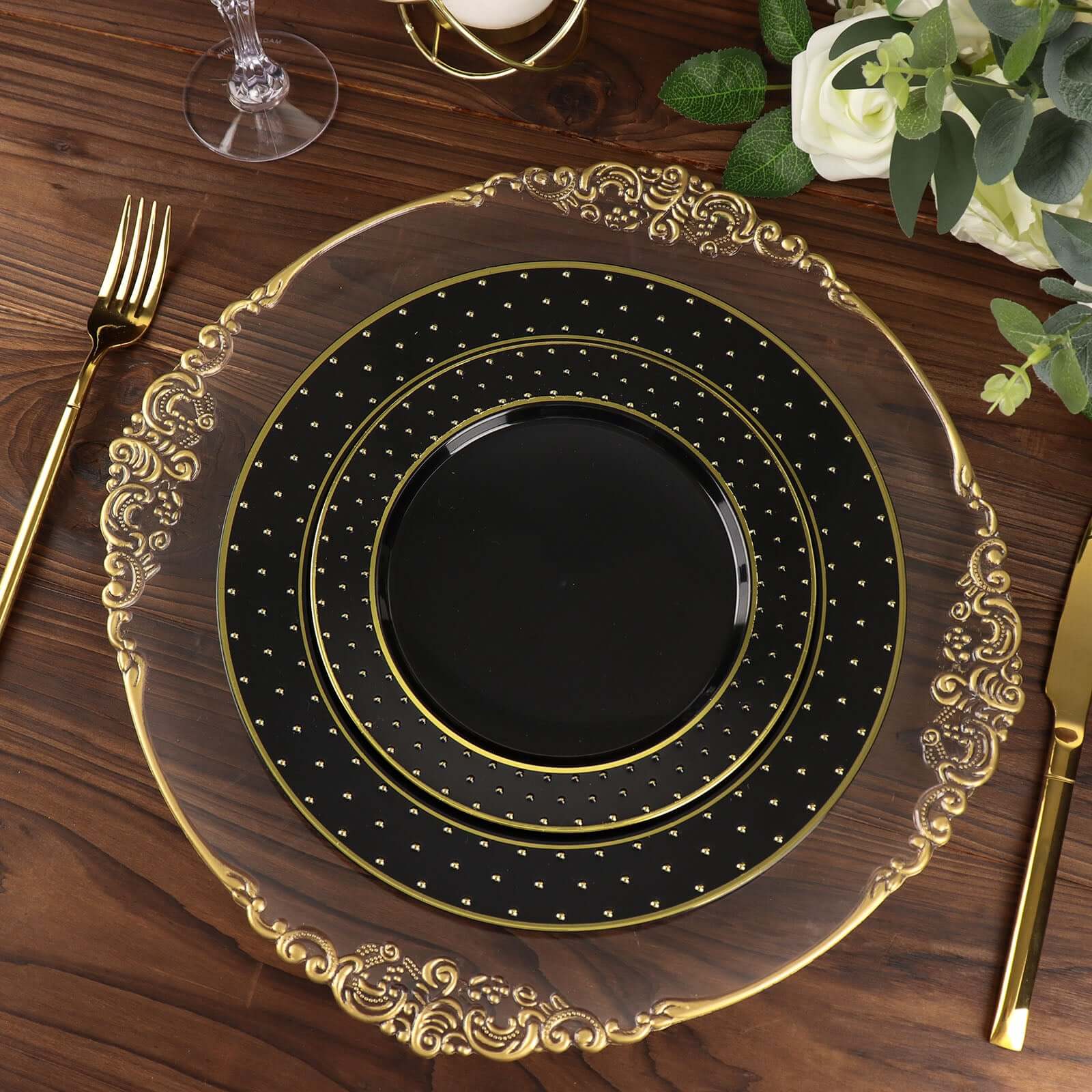 10-Pack Plastic 7.5 Round Dessert Plates in Black with Gold 3D Polka Dotted Rim - Durable Disposable Appetizer Salad Plates for Modern Themed Events & Banquets