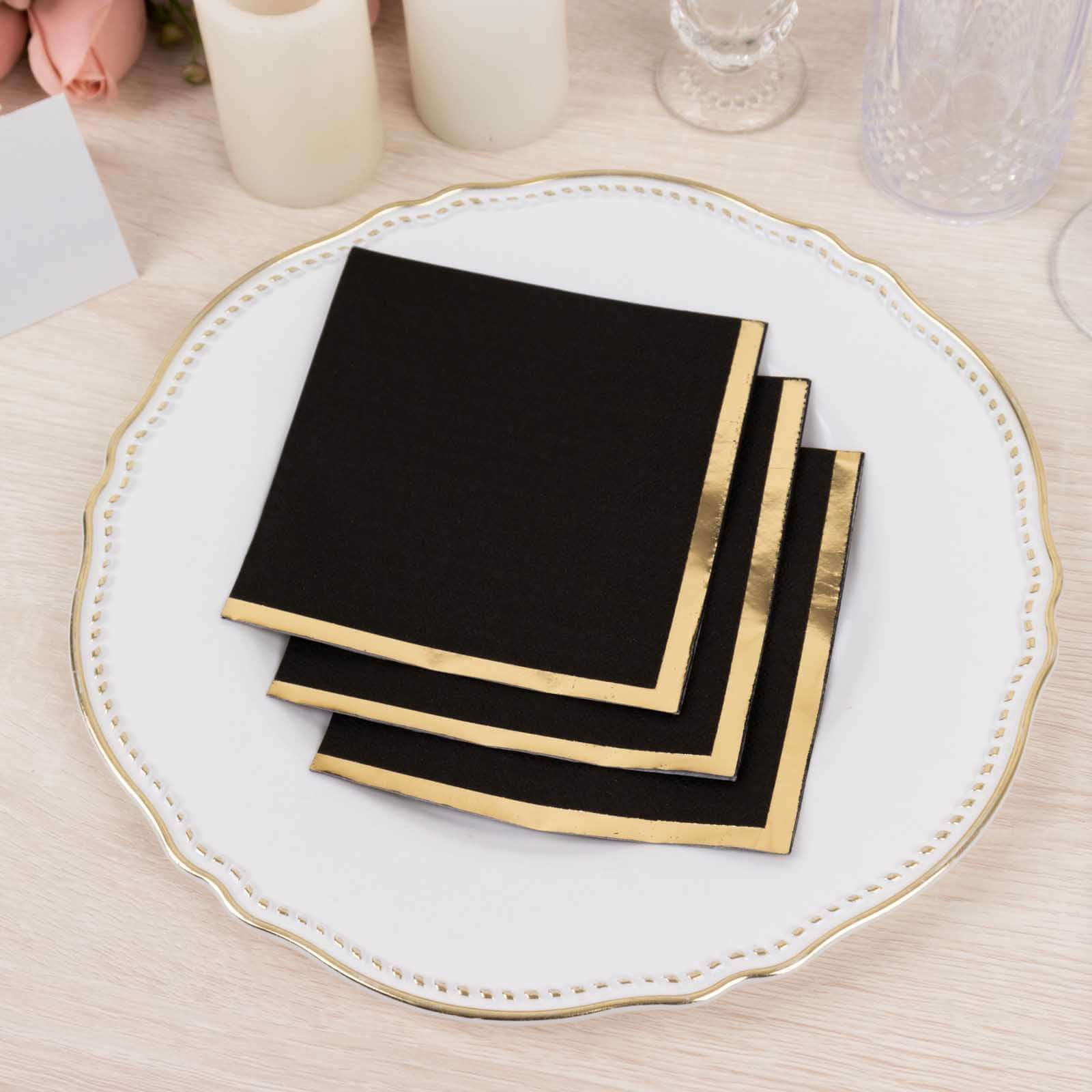 50-Pack Paper Beverage Napkins Black with Gold Foil Edge - 2 Ply Disposable Soft 18GSM Cocktail Napkins for Events 5x5